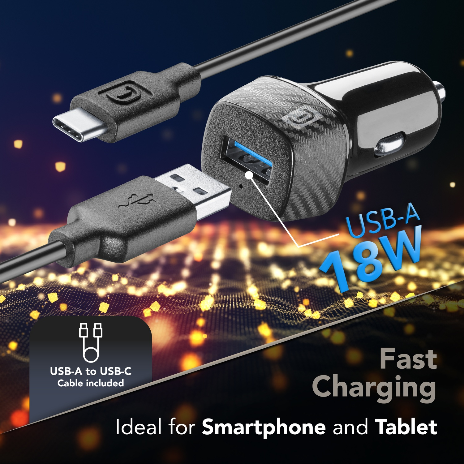 L'immagine mostra un caricabatterie per auto nero con porta USB-A, un cavo USB-C e testo che promuove la ricarica rapida.
