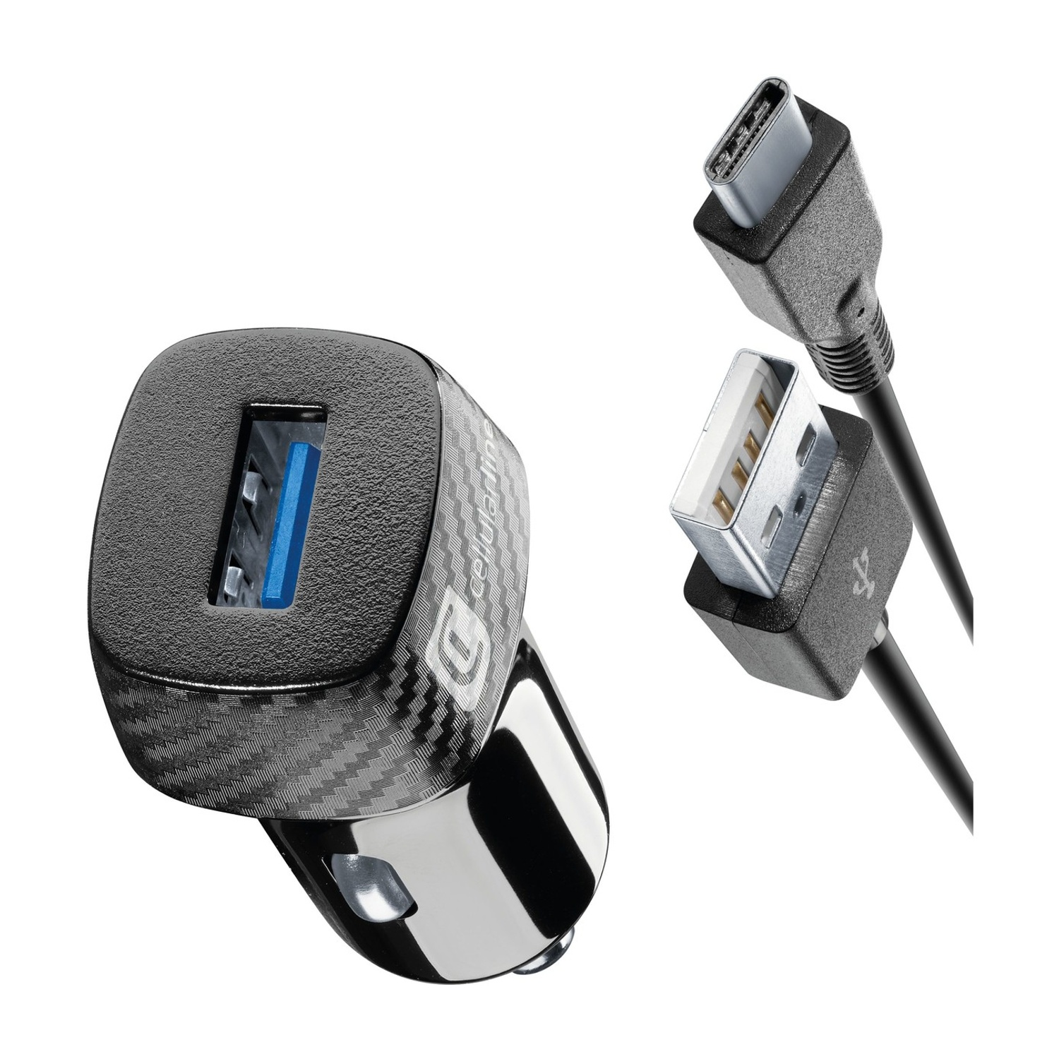 Un caricabatterie per auto nero con porte USB e USB-C e un cavo abbinato con una porta USB-A.