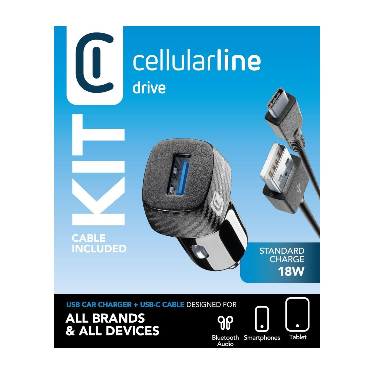 Un caricabatterie per auto con cavo USB-C. Il caricabatterie è nero con motivo in fibra di carbonio. Testo: 'cellularline drive' e '18W'.