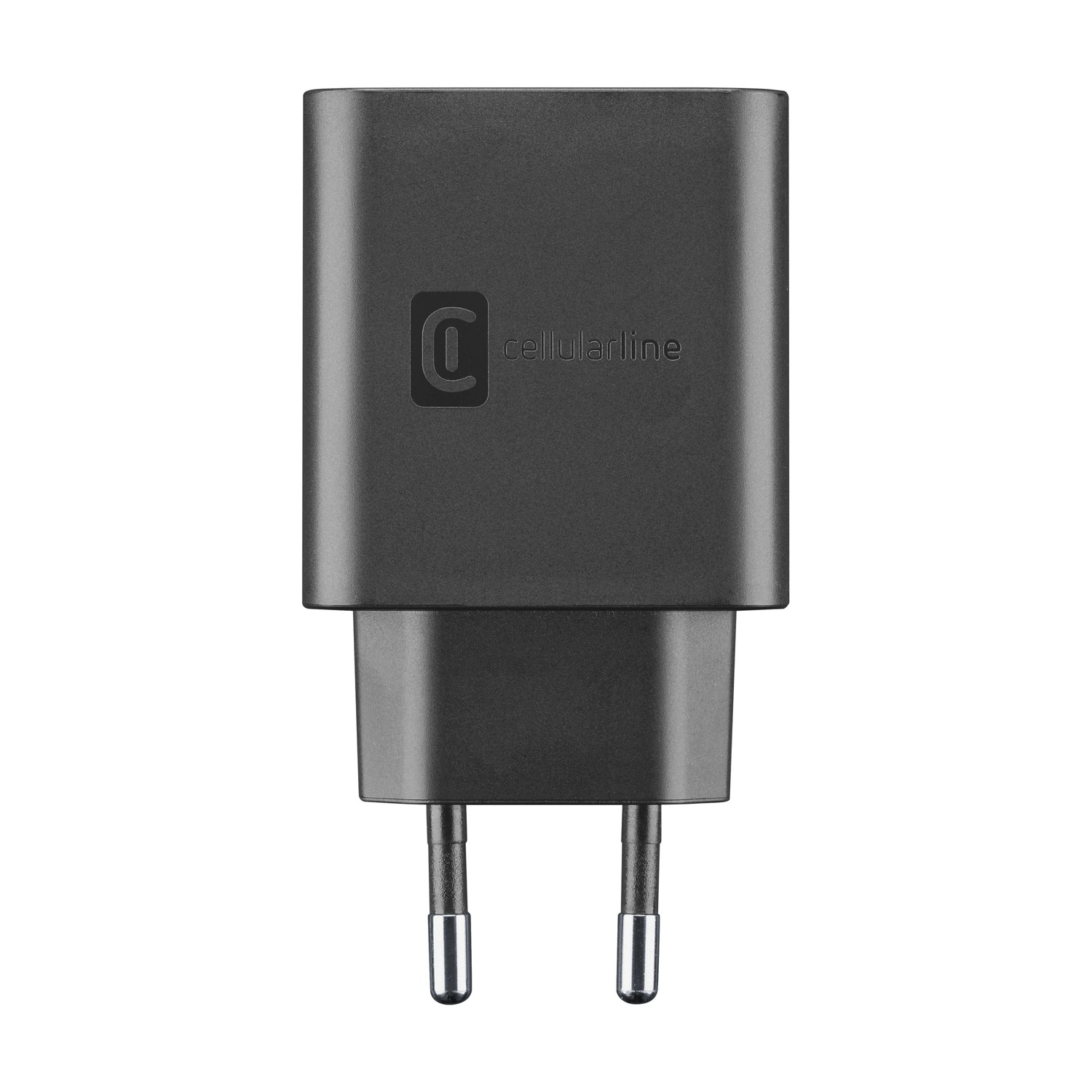 Un caricabatterie per telefono Cellularline nero. Ha due spine e una porta USB. Il logo è una C all'interno di un quadrato sul davanti.
