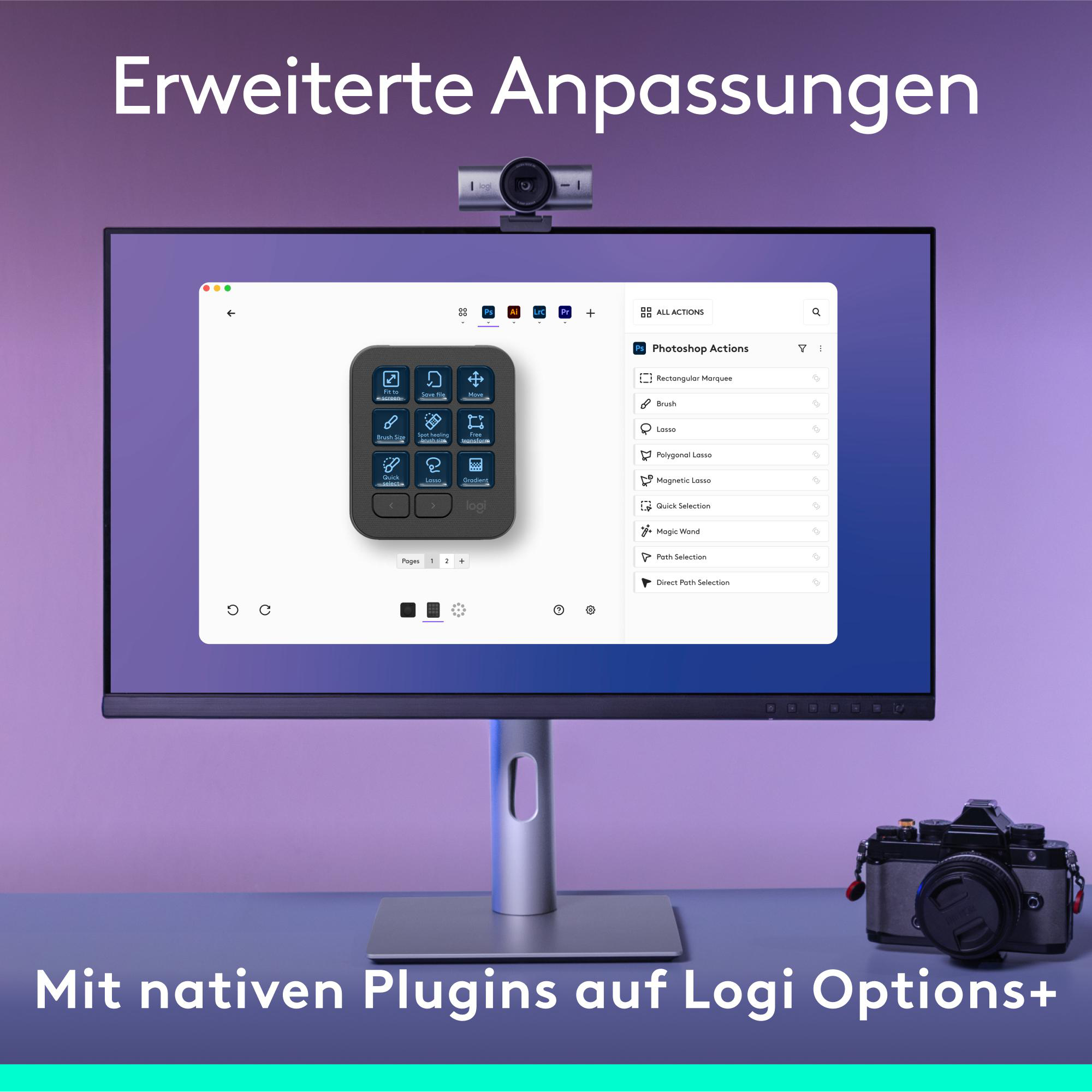 Ein Monitor zeigt eine Softwareoberfläche mit Bearbeitungswerkzeugen. Rechts befindet sich eine Kamera.