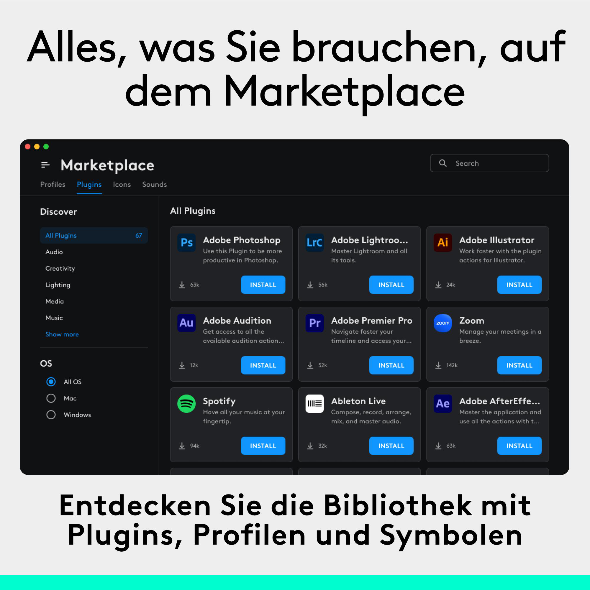 Eine Marketplace-Oberfläche mit Plugins, Profilen, Symbolen und Sounds. Angebote umfassen Adobe-Produkte und Spotify. Text auf Deutsch.