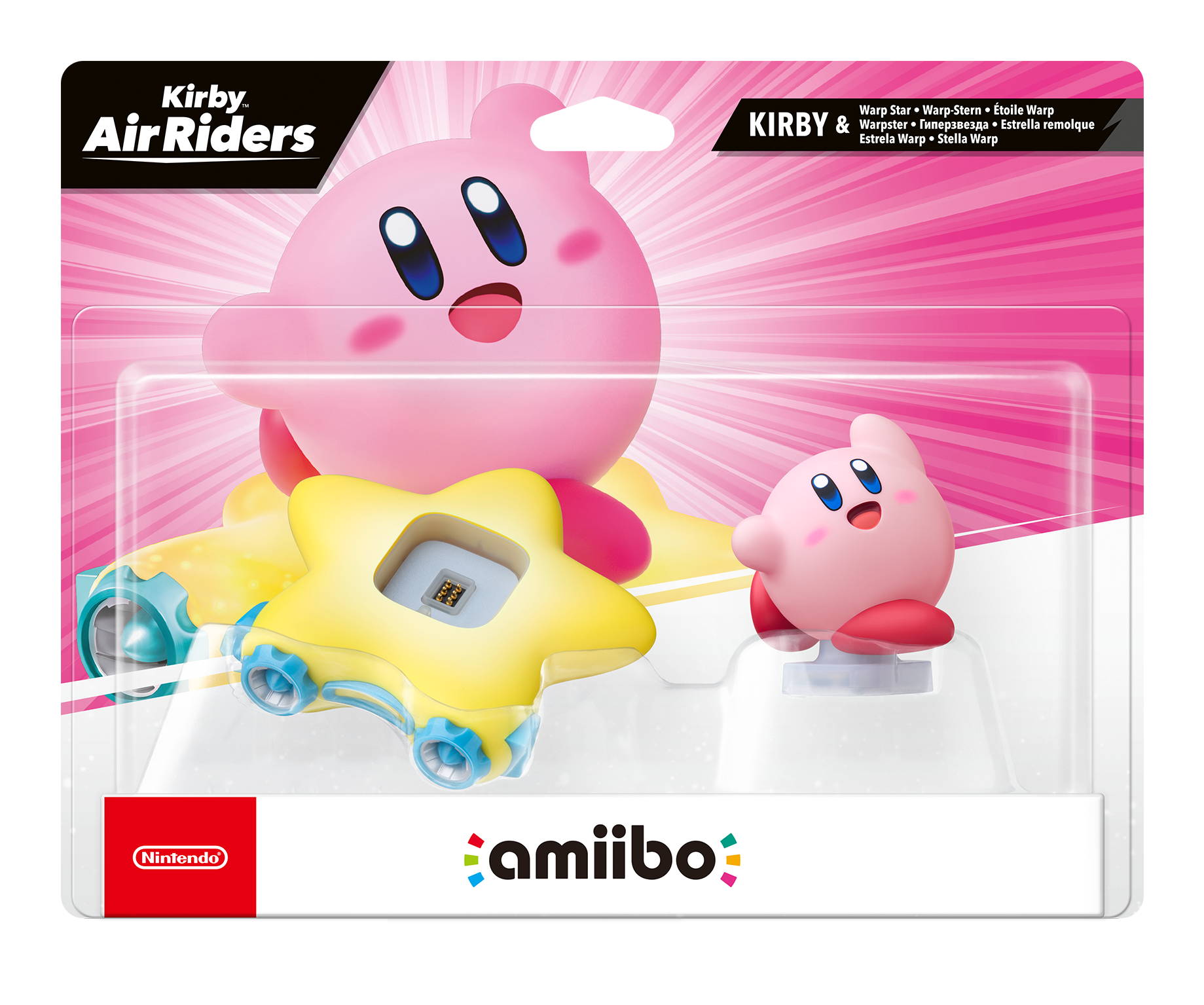 Paket mit Kirby-Figuren und einem gelben sternförmigen Fahrzeug. Enthält das amiibo-Logo und das Nintendo-Branding. Rosa Hintergrund.