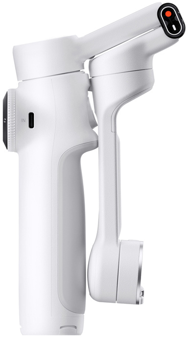 Fehér kézi gimbal stabilizátor. Van egy fogantyúja, egy forgó feje és egy vezérlőpanelje.