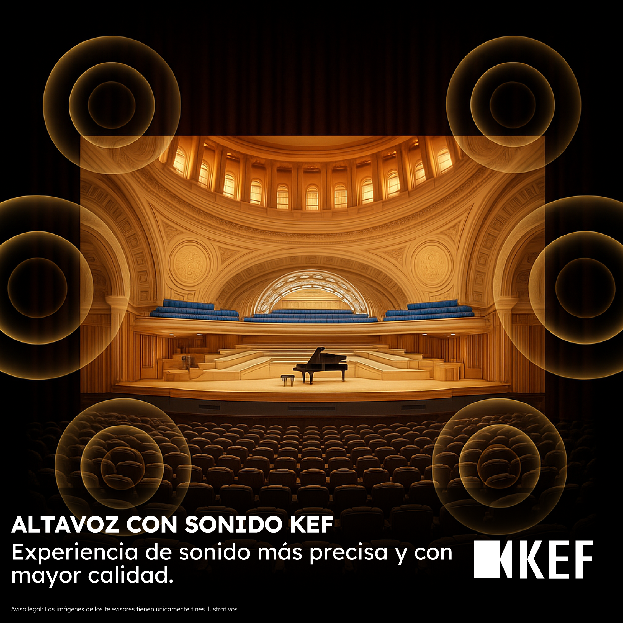 Una sala de conciertos con un piano en el escenario. Las ondas sonoras emanan de la imagen, con el logo KEF a la derecha.