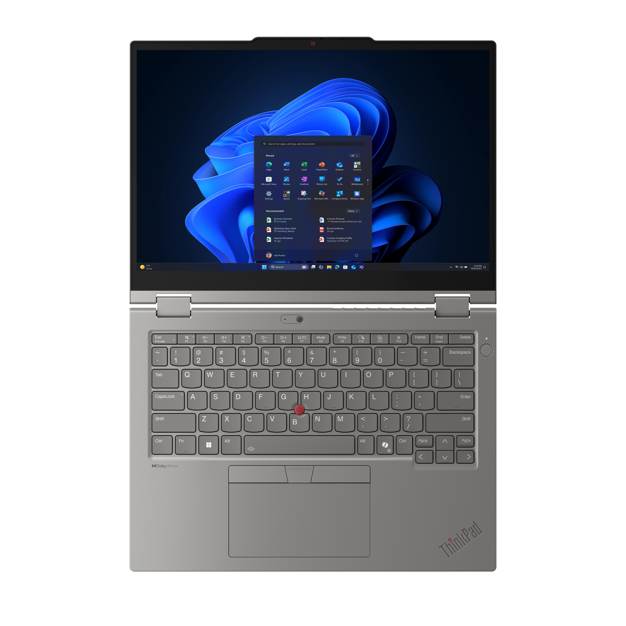 Ein grauer Laptop mit Tastatur und Bildschirm, der die Windows 11-Oberfläche anzeigt. Der Laptop befindet sich auf schwarzem Hintergrund.
