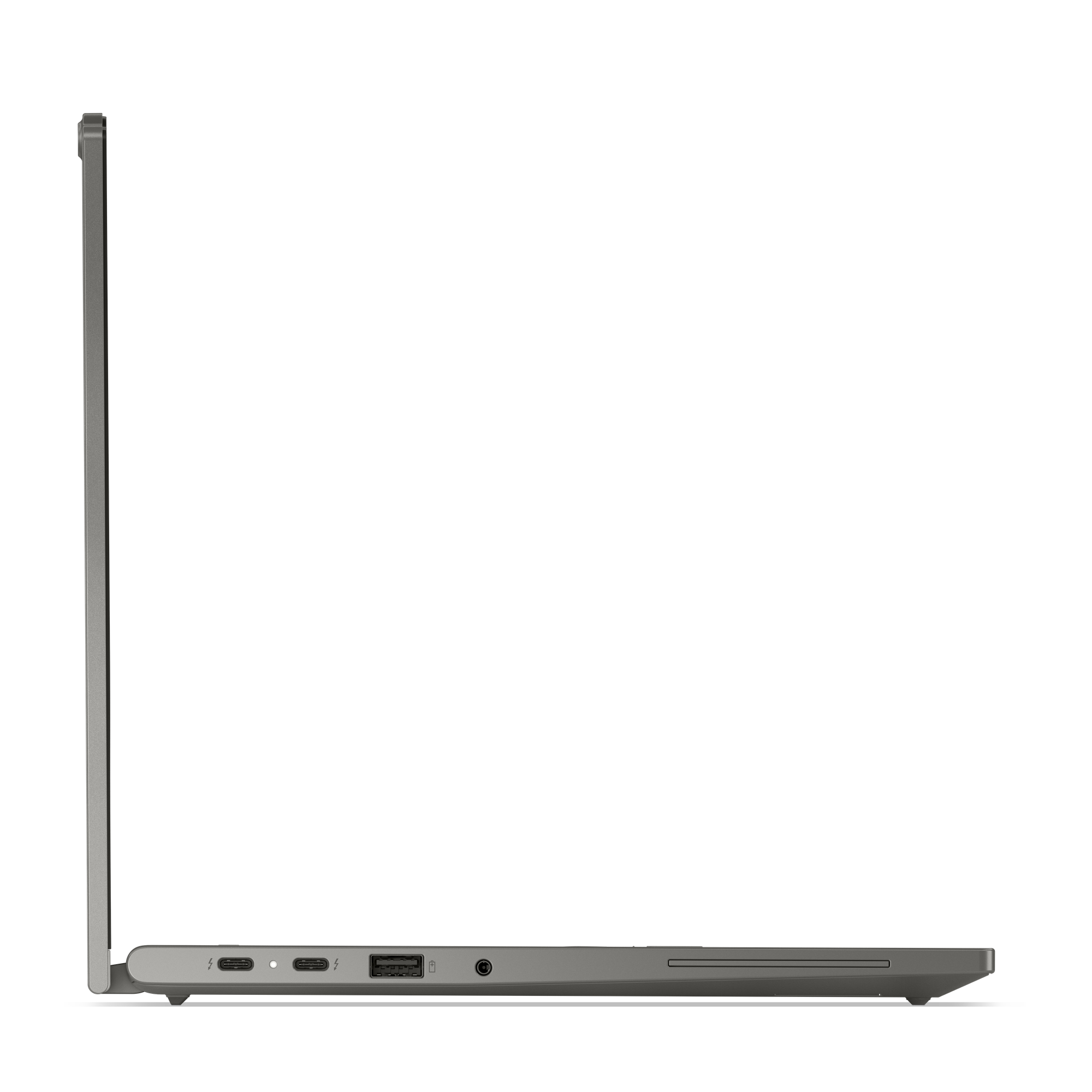 Seitenansicht eines grauen Laptops vor schwarzem Hintergrund. Anschlüsse an der Seite sichtbar.
