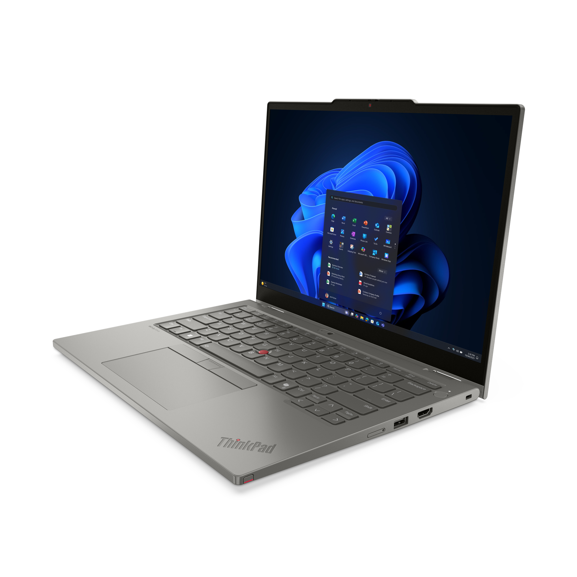 Ein silbernes ThinkPad-Laptop ist geöffnet und zeigt eine Windows-Oberfläche auf schwarzem Hintergrund.