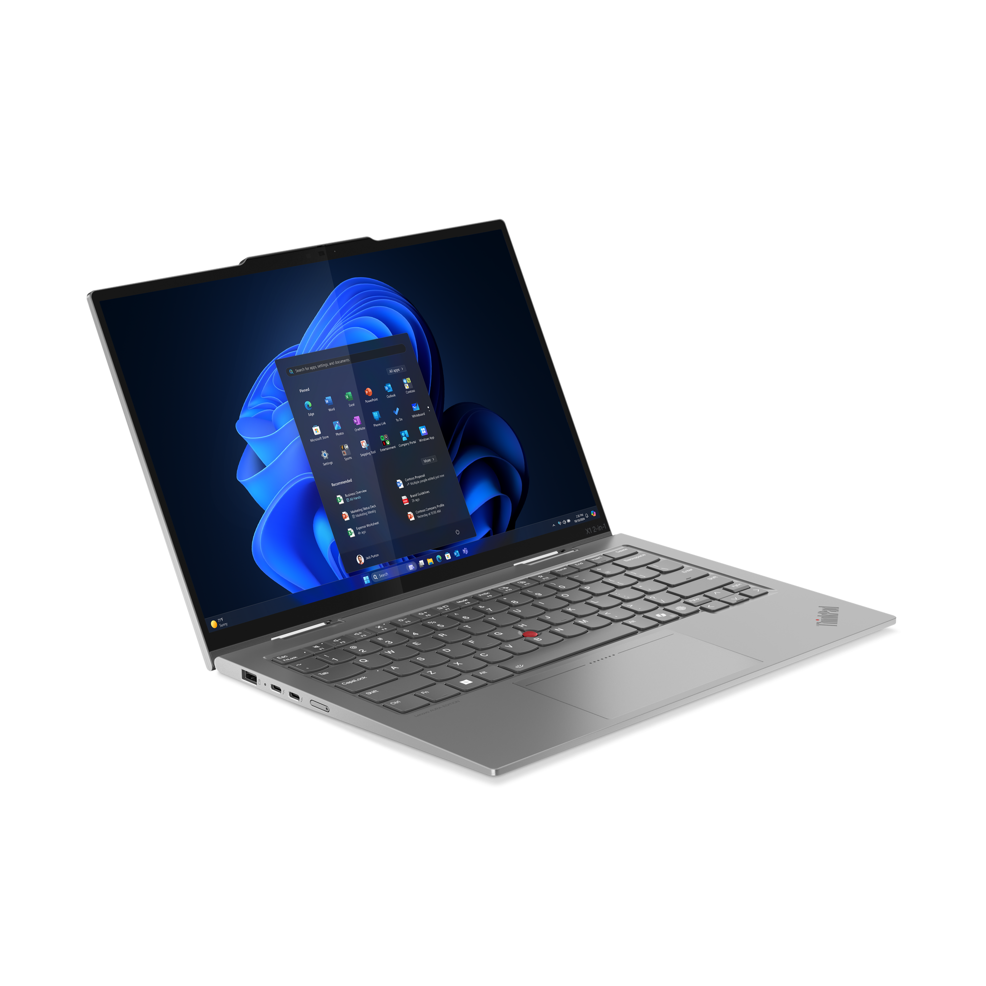 Silberner Laptop auf schwarzer Oberfläche geöffnet, Windows 11-Oberfläche sichtbar. Tastatur, Trackpad und ThinkPad-Logo vorhanden.