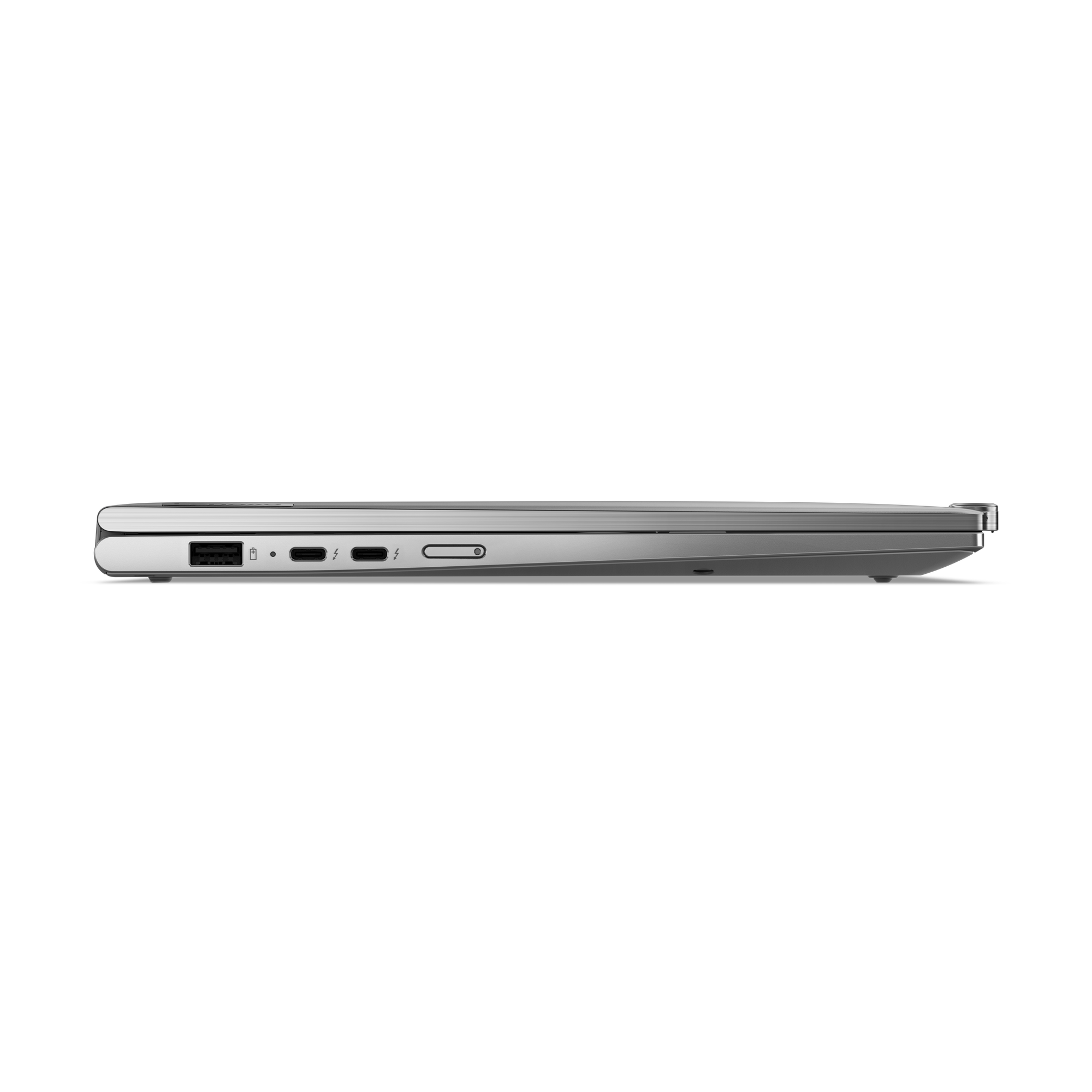 Seitenansicht eines silbernen Laptops mit Anschlüssen. Schwarzer Hintergrund.