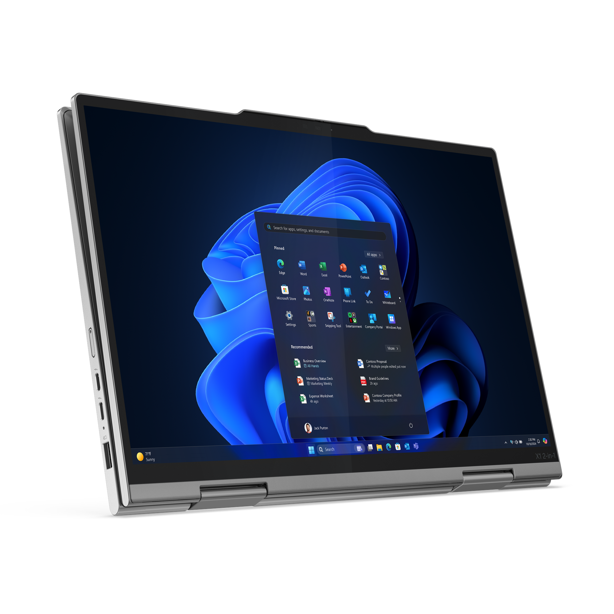 Ein silberner Laptop zeigt die Windows 11-Oberfläche. Der Bildschirm zeigt das Startmenü mit App-Symbolen vor blauem Hintergrund.