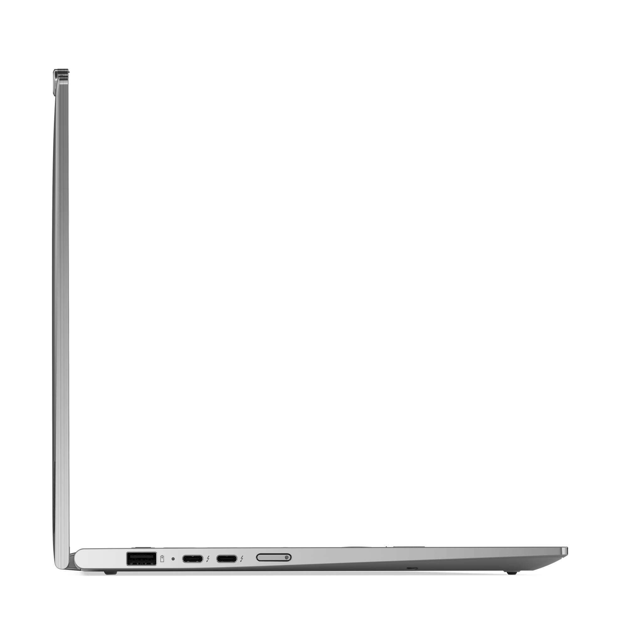 Seitenansicht eines silbernen Laptops auf schwarzem Hintergrund, Anschlüsse sichtbar.