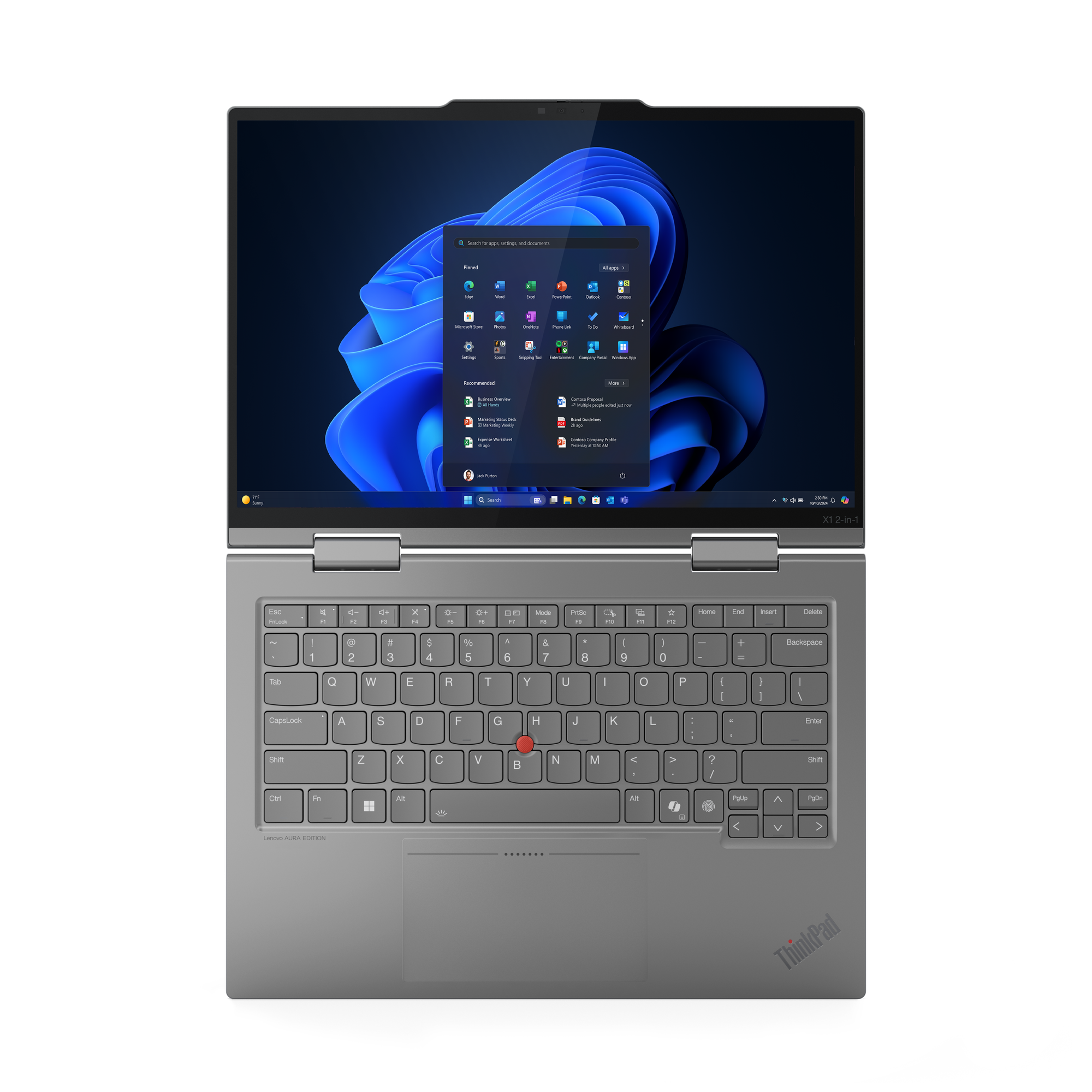 Ein silberner Laptop mit geöffneter Windows-Oberfläche. Der Bildschirm zeigt App-Symbole und einen blauen abstrakten Hintergrund.