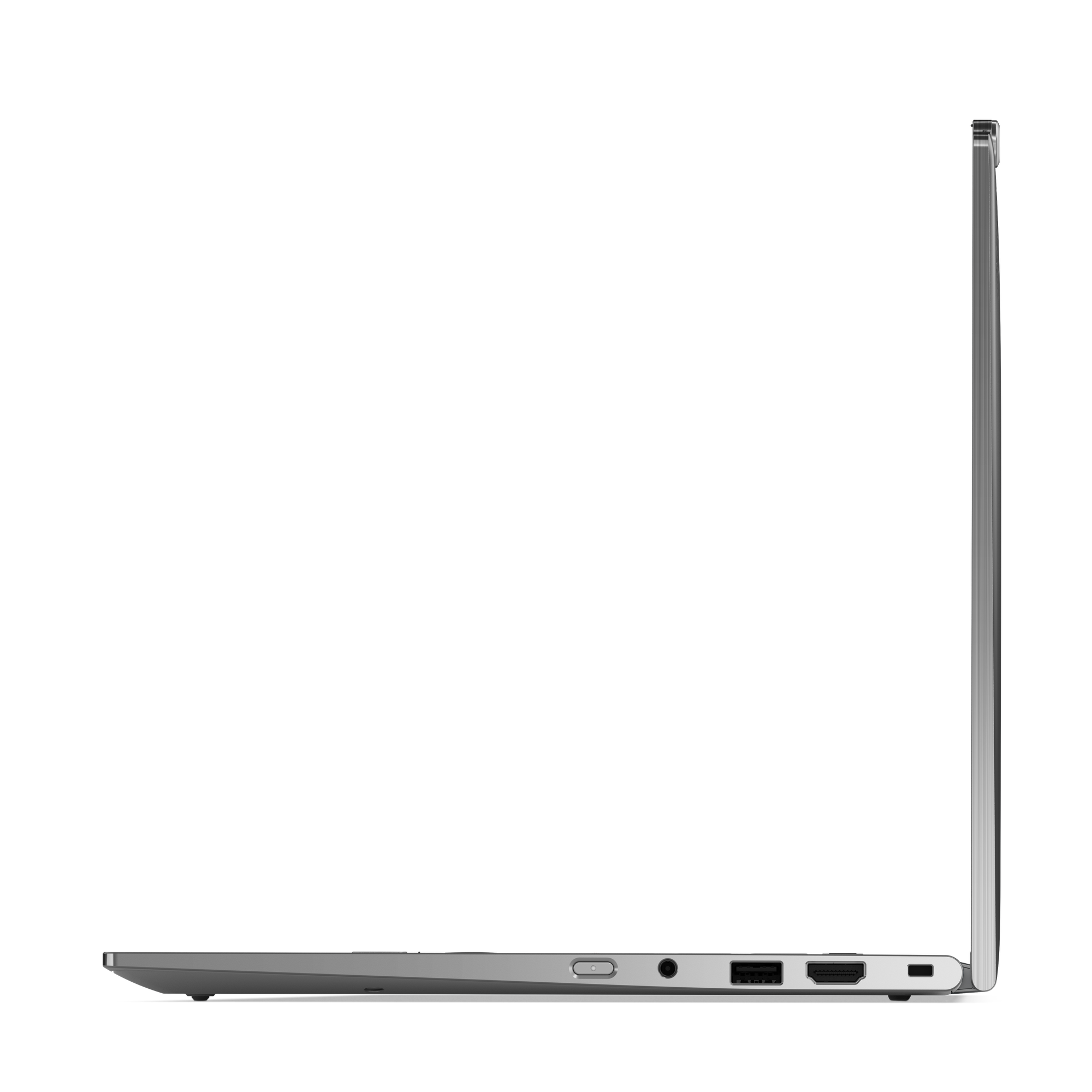 Seitenansicht eines silbernen Laptops auf schwarzem Hintergrund. Anschlüsse und Scharnier sind sichtbar.