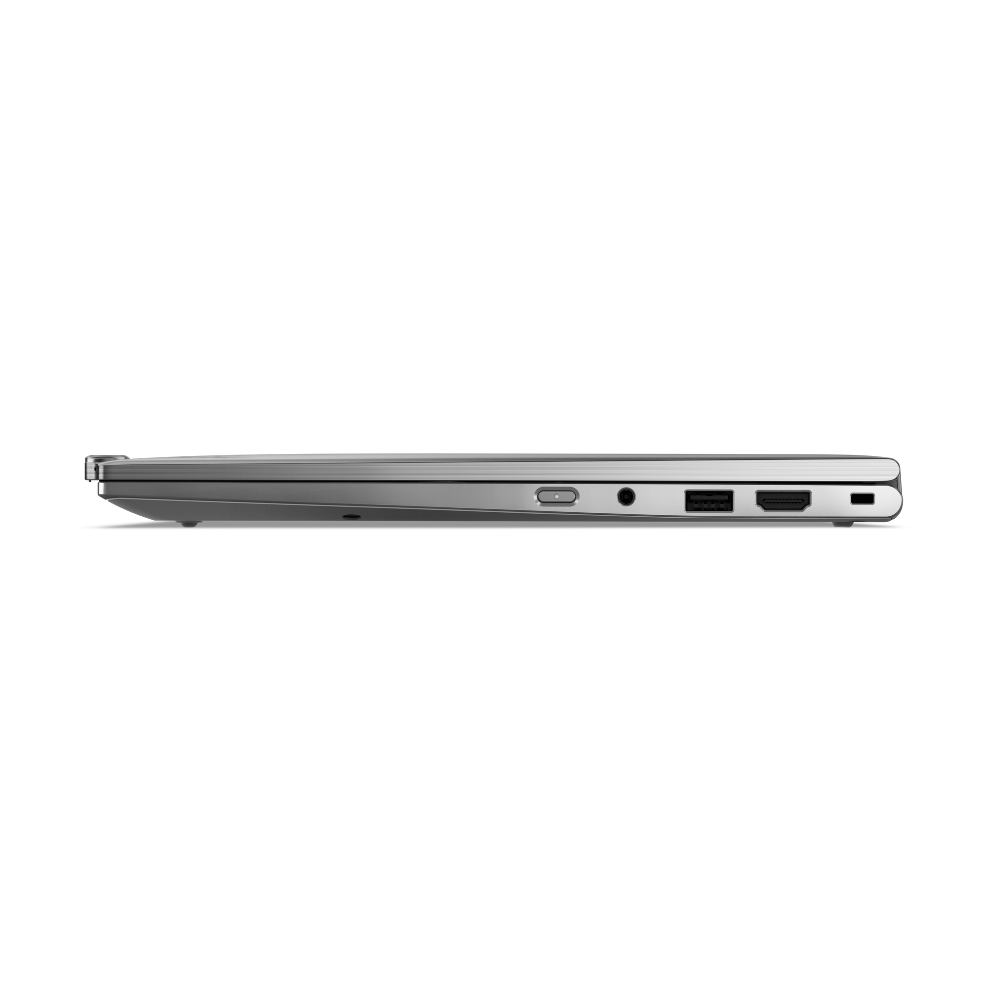 Seitenansicht eines silbernen Laptops auf schwarzem Hintergrund. Anschlüsse und Knöpfe sind sichtbar.