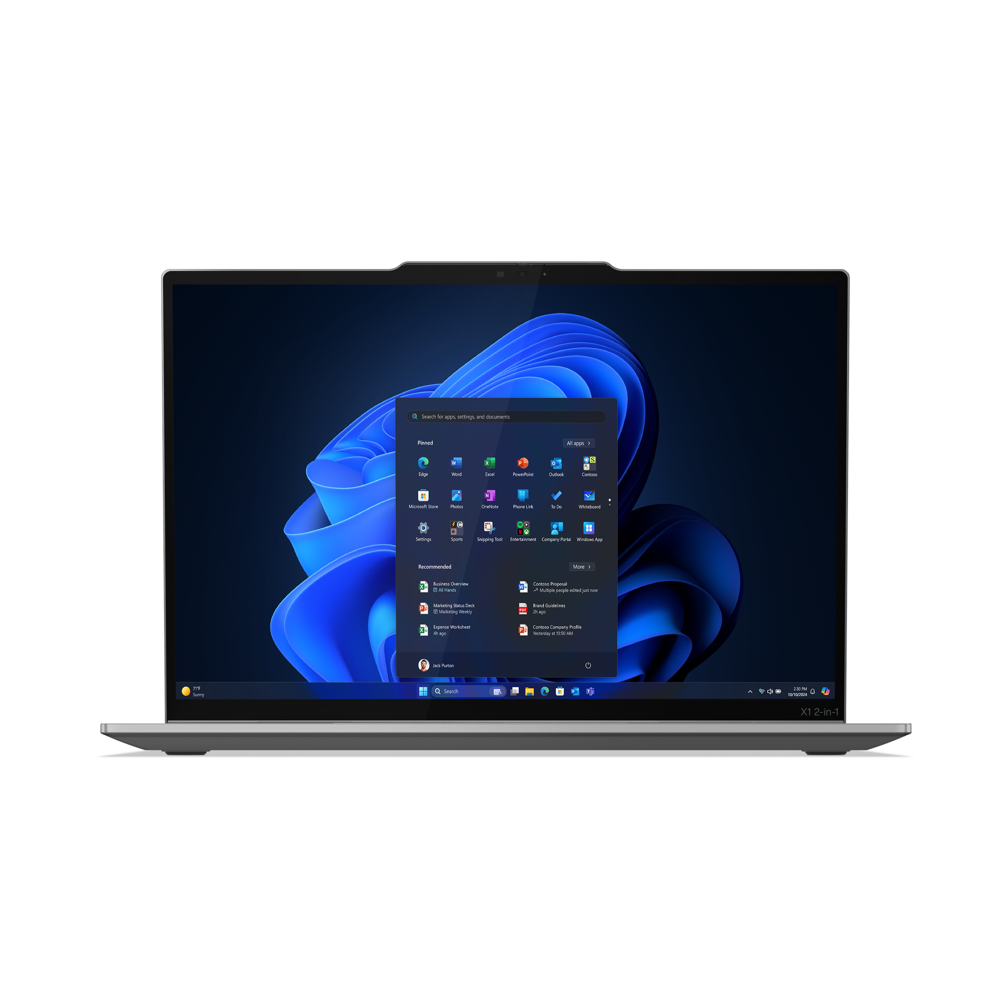 Ein Laptop zeigt das Windows 11-Startmenü mit App-Symbolen und einer Suchleiste vor blau-schwarzem Hintergrund.