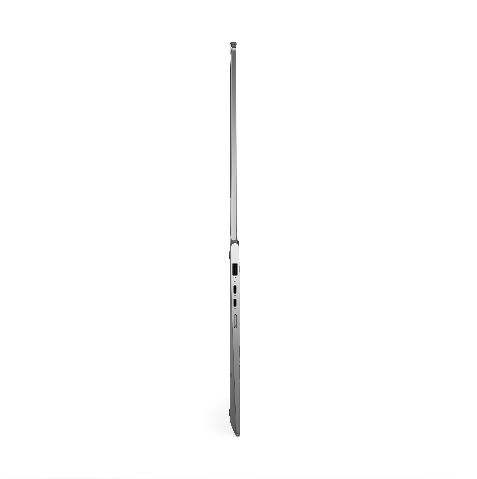 Seitenansicht eines silbernen Laptops. Er ist geöffnet, dünn und vor schwarzem Hintergrund. Anschlüsse sind sichtbar.