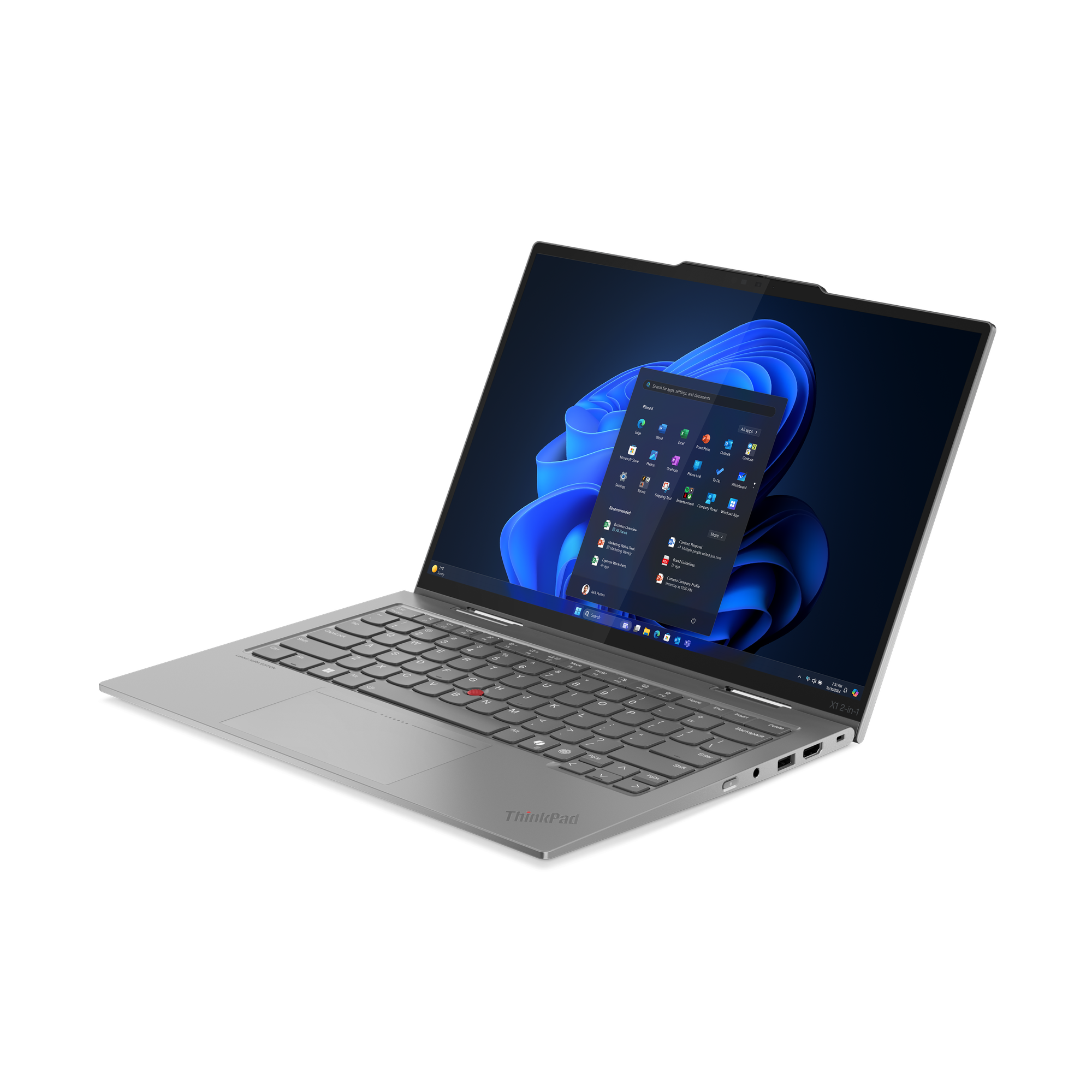 Ein silbernes Lenovo ThinkPad-Laptop ist geöffnet und zeigt die Windows 11-Oberfläche auf schwarzem Hintergrund.
