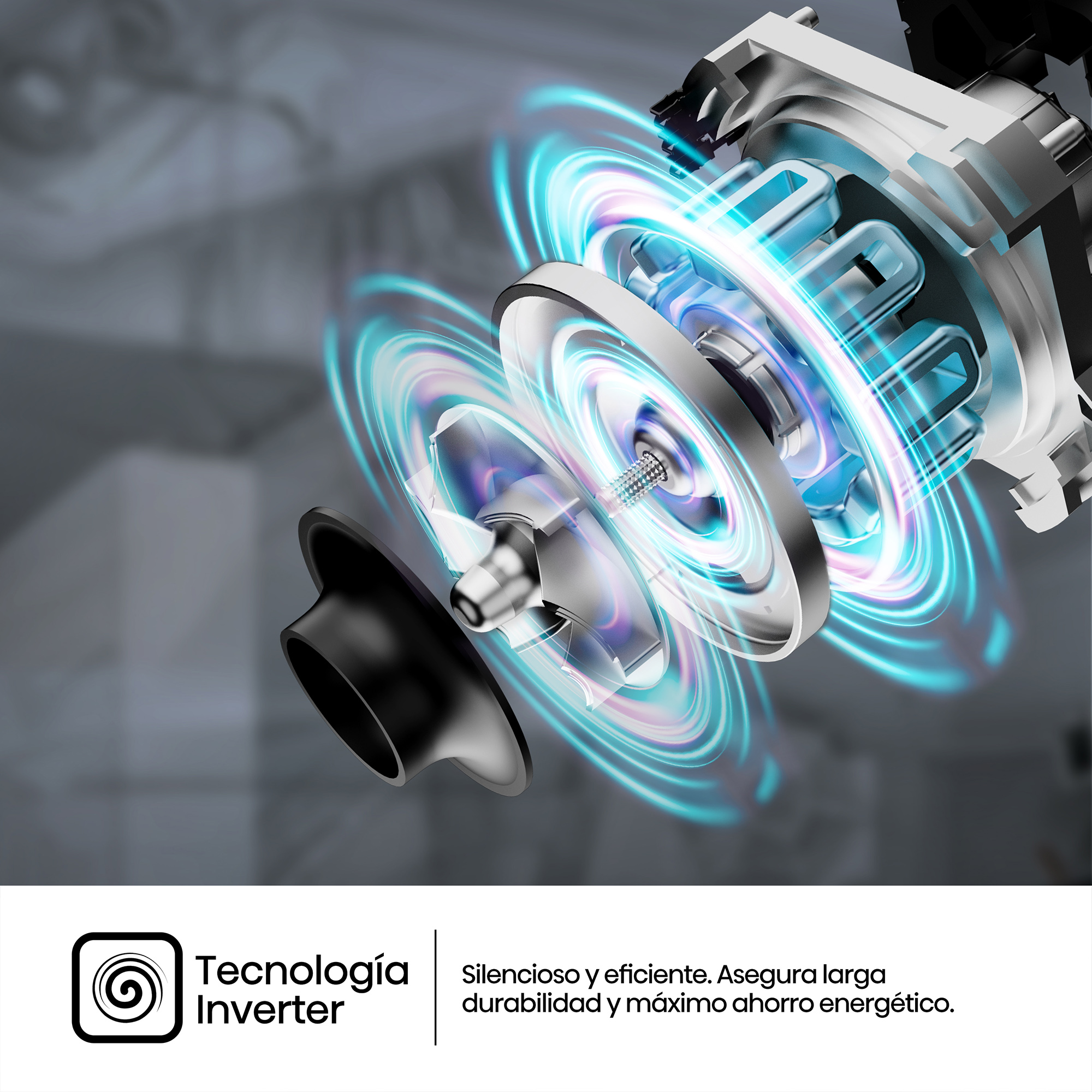 Vista explosionada de un componente de electrodoméstico con anillos de energía azul y morado luminosos, y un texto que describe la tecnología Inverter.