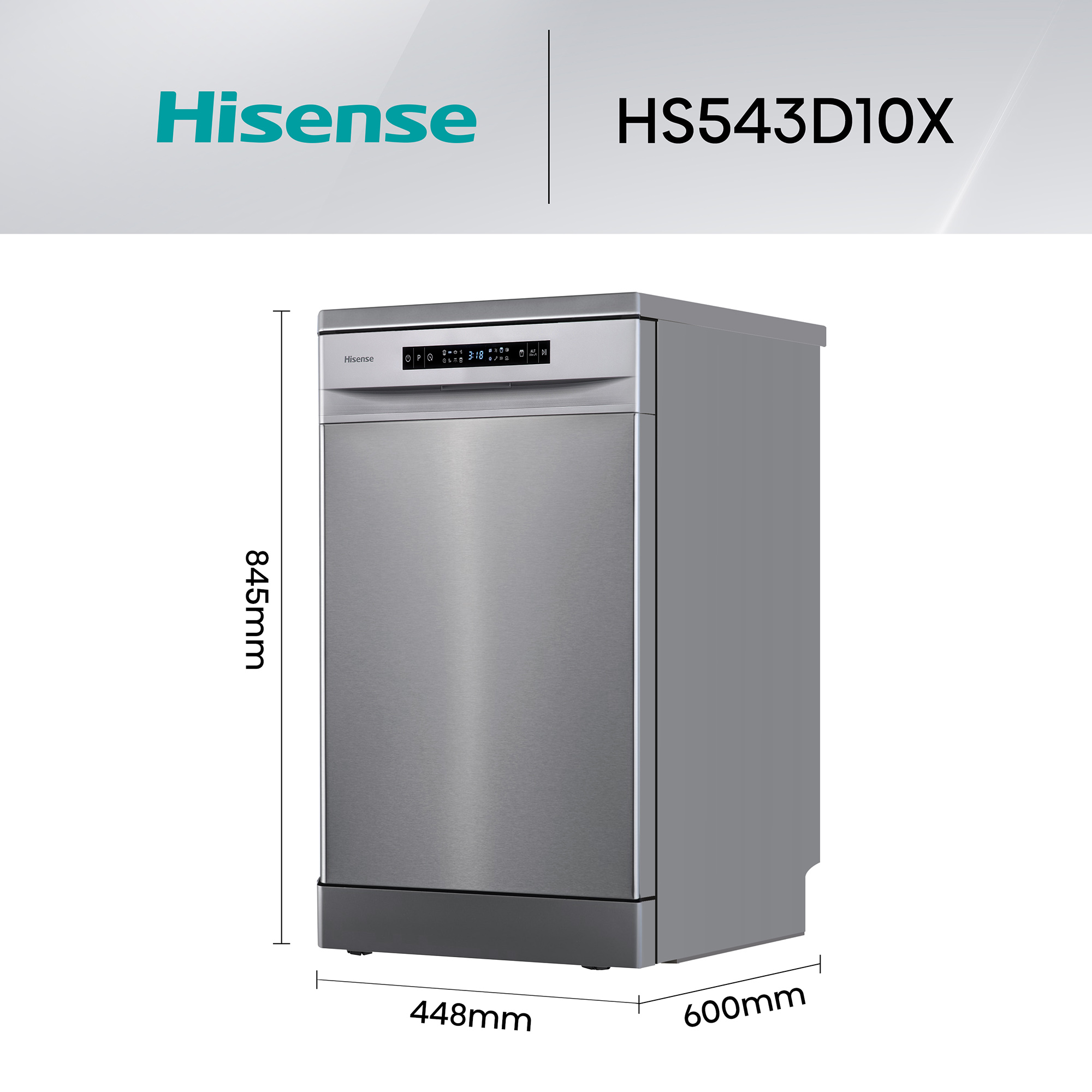 Un lavavajillas plateado Hisense HS543D10X. Dimensiones: 845 mm alto, 448 mm ancho y 600 mm profundidad.