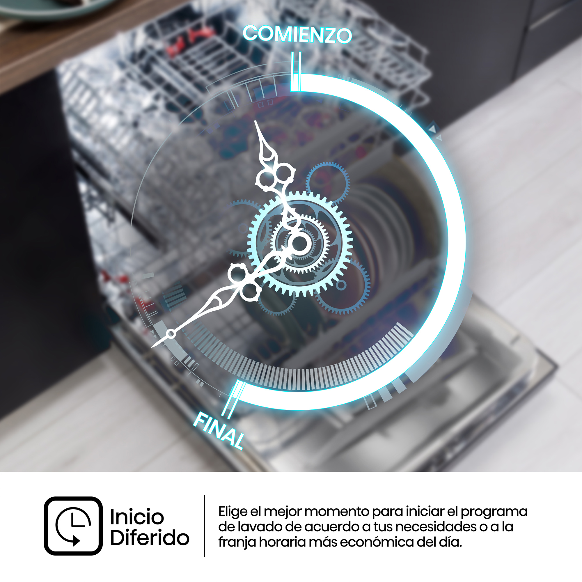 Interior de lavavajillas con superposición gráfica de reloj. Tiene las palabras 'COMIENZO' y 'FINAL'. Debajo está el icono 'Inicio Diferido'.