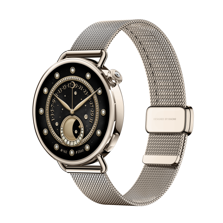 Złoty smartwatch z czarną tarczą, diamentowymi akcentami i siatkowym paskiem. Zegarek wyświetla czas i ma wzór fazy księżyca.