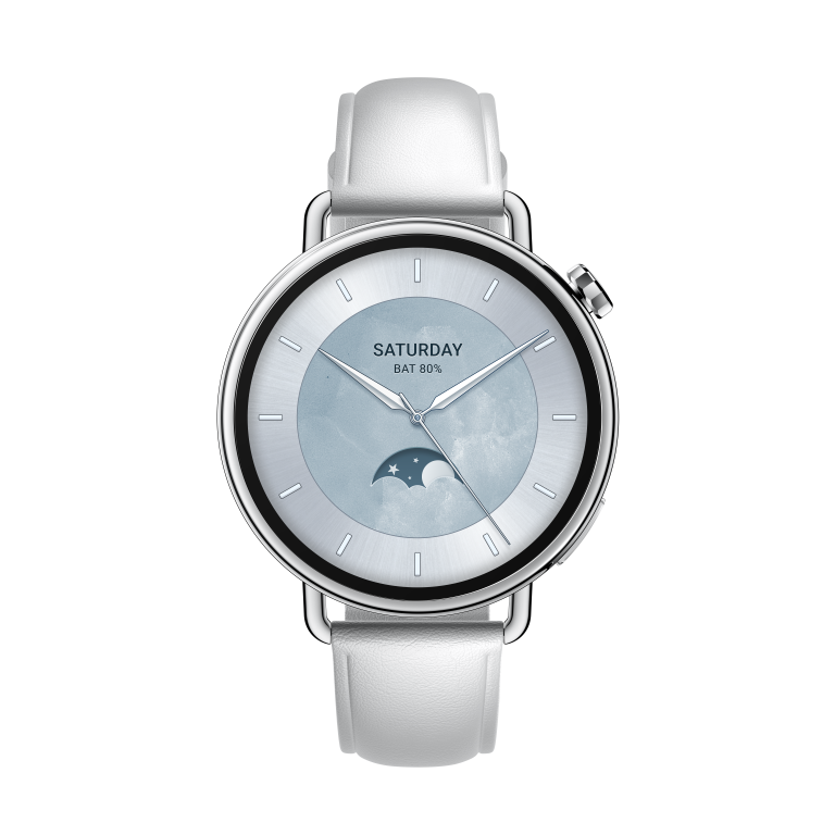 Biały smartwatch z okrągłą, srebrną tarczą, pokazujący sobotę, poziom naładowania baterii 80% i wskaźnik fazy księżyca. Posiada biały skórzany pasek.