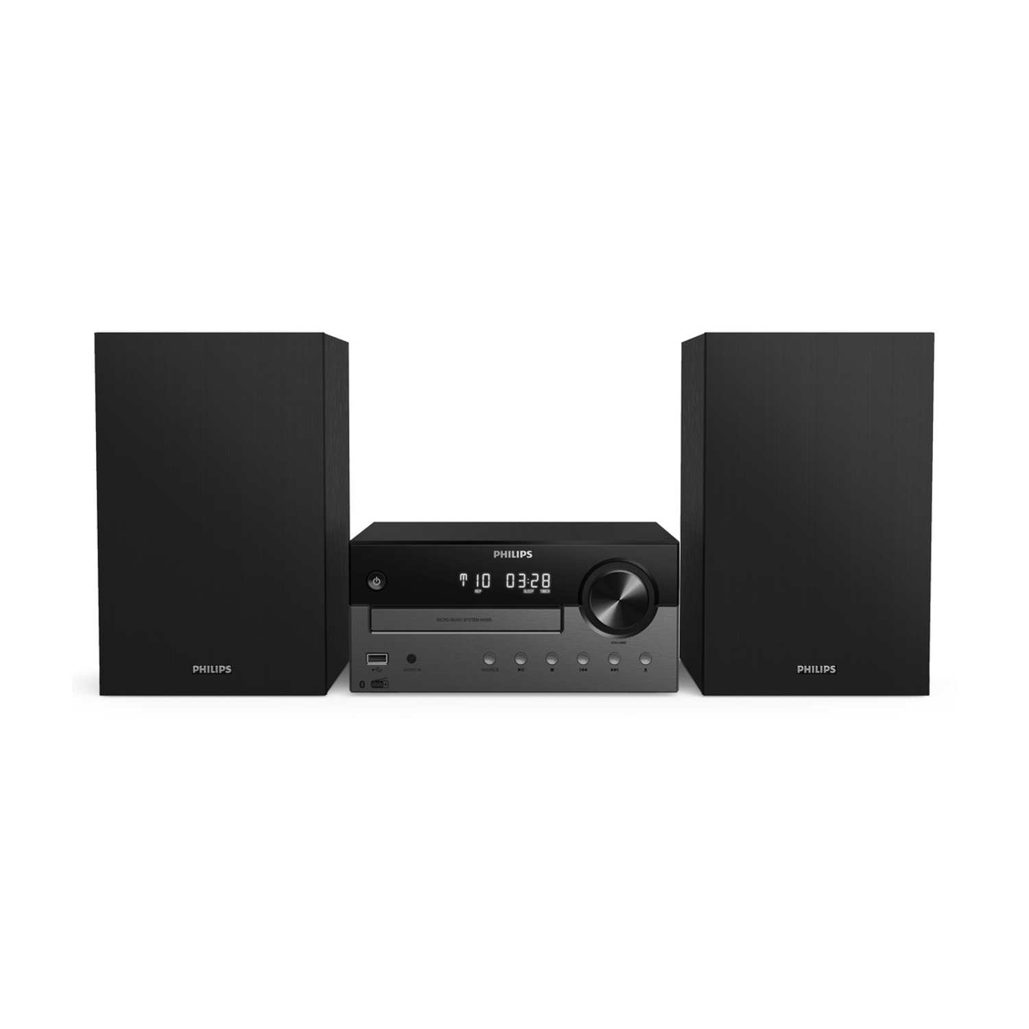 Un microsistema musicale Philips con due altoparlanti neri. L'unità centrale ha un display che mostra l'ora e un lettore CD.