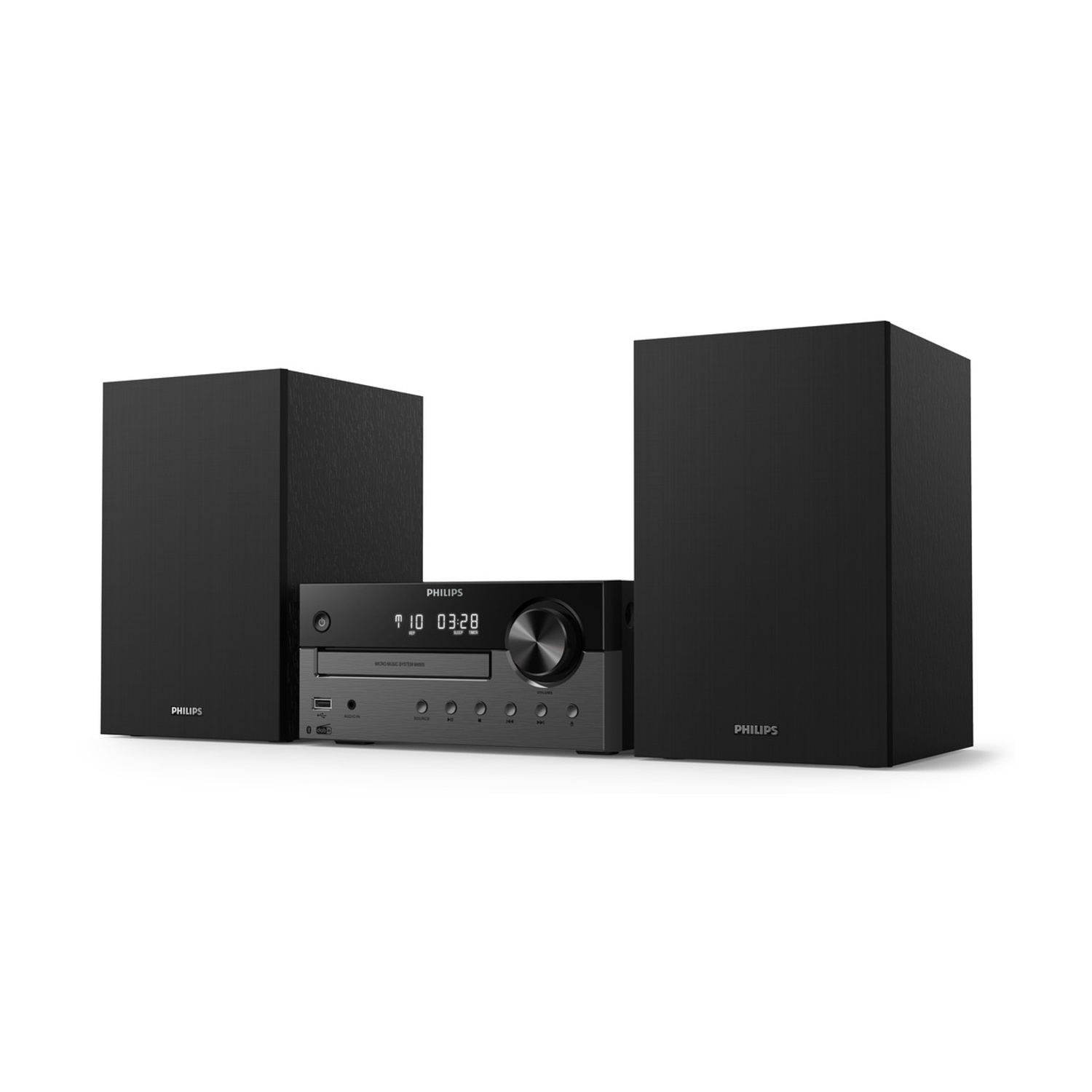 Un sistema stereo Philips nero con due altoparlanti e un'unità centrale che mostra numeri e controlli, su sfondo bianco.
