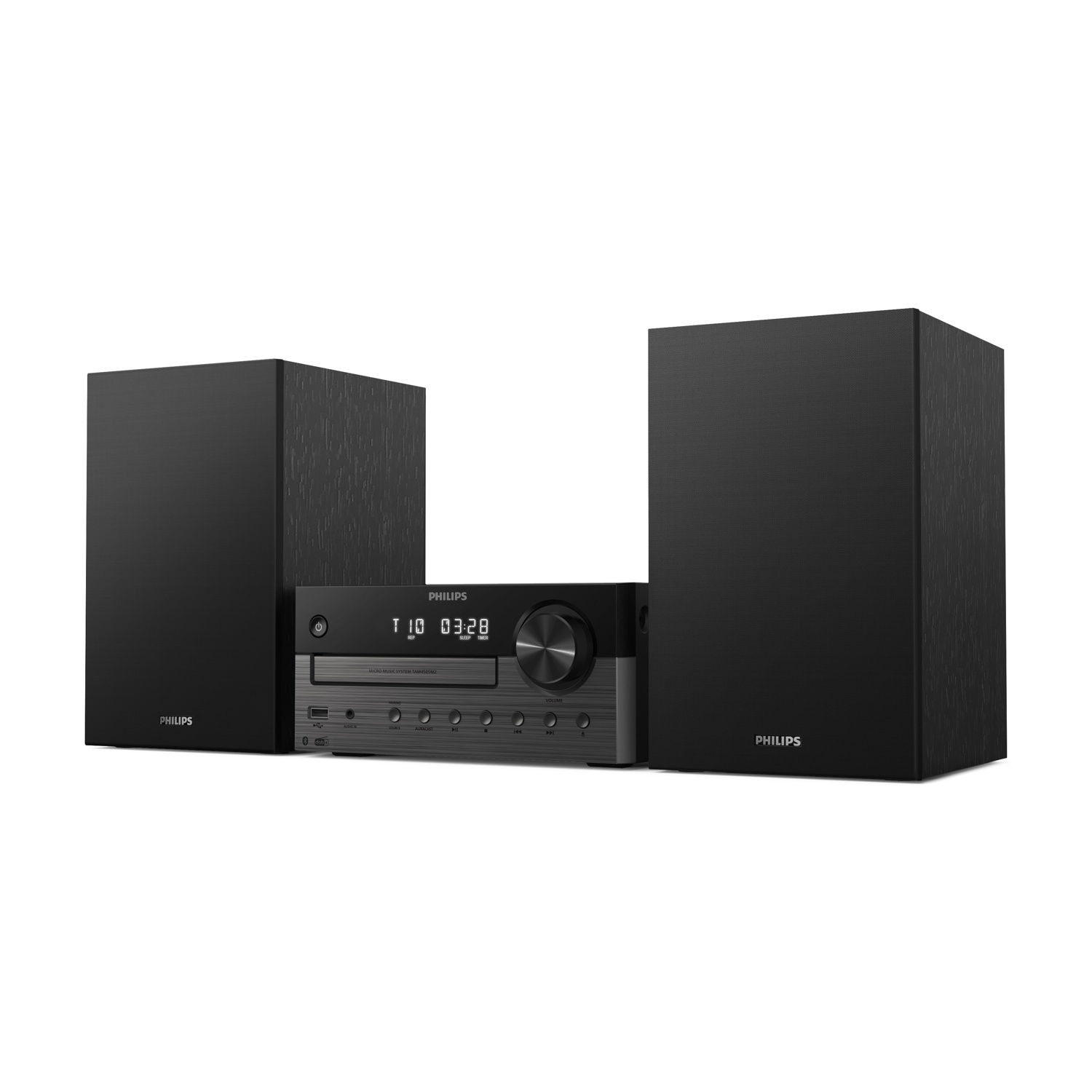 Un micro sistema musicale Philips con due altoparlanti. L'unità centrale visualizza l'ora. Tutti i componenti sono neri.