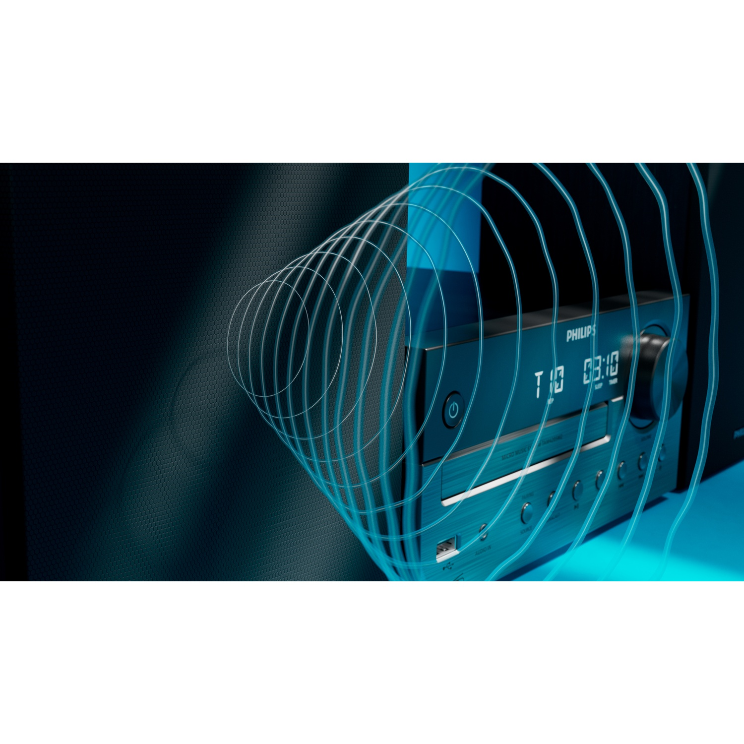 Un sistema audio Philips nero con display digitale che mostra l'ora. Onde di luce blu emanano dal dispositivo.