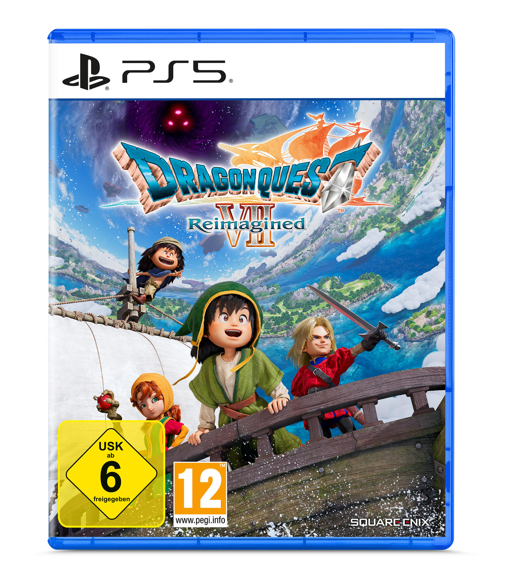 Spielcover: Charaktere auf einem Schiff. Titel: Dragon Quest VII Reimagined. Figuren sind cartoonhaft. Bewertungslogos sind sichtbar.