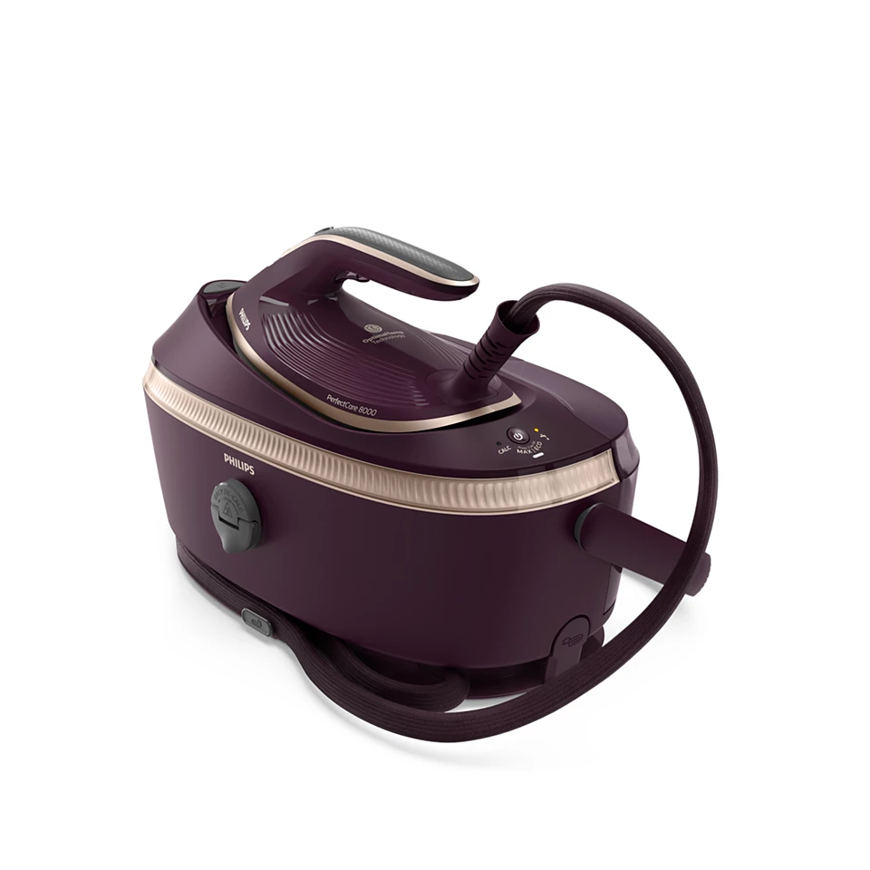Egy lila-bézs Philips PerfectCare 8000 vasaló. A vasalón van egy fogantyú, egy kábel és egy alap.