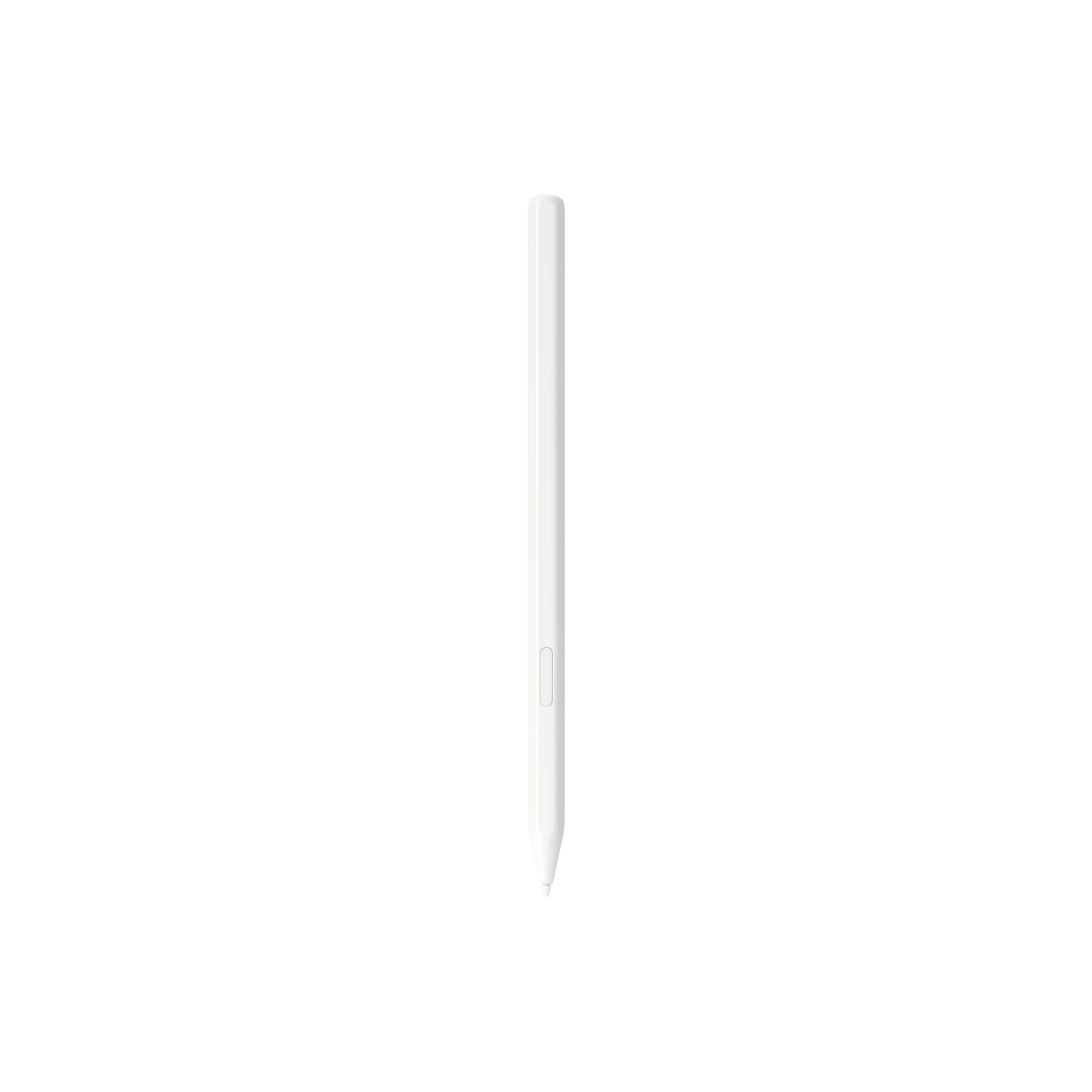 Un lápiz óptico blanco sobre un fondo negro. El lápiz está vertical, centrado y tiene una punta afilada.