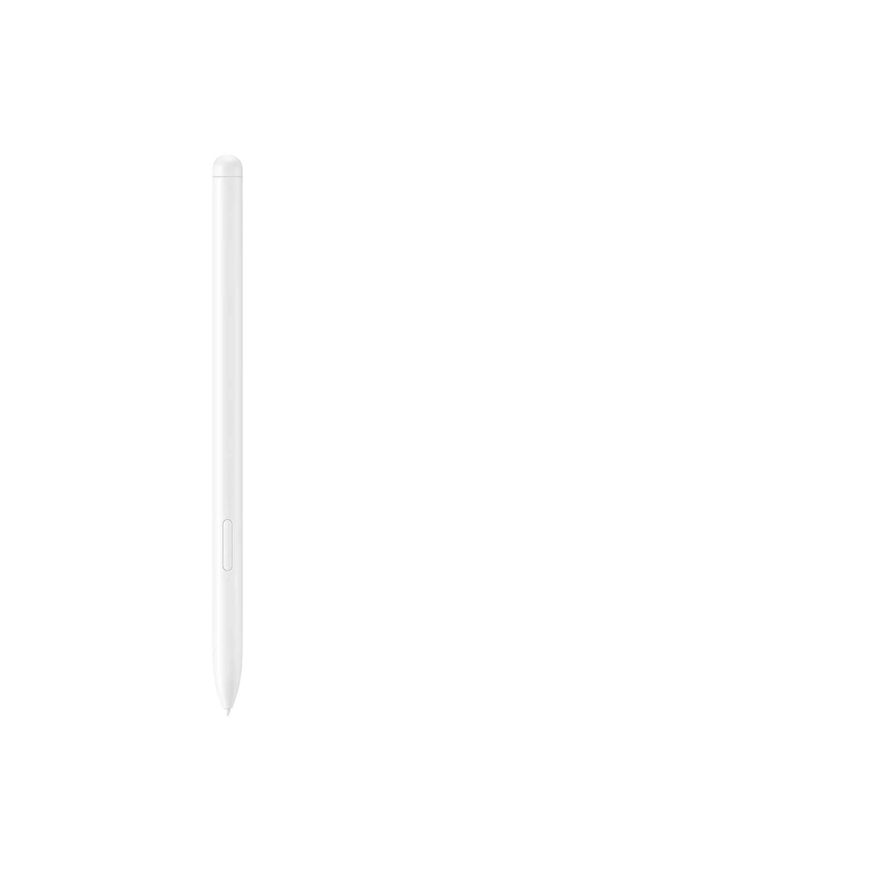 Un bolígrafo blanco sobre fondo negro. El bolígrafo es vertical, con parte superior redondeada y punta afilada.