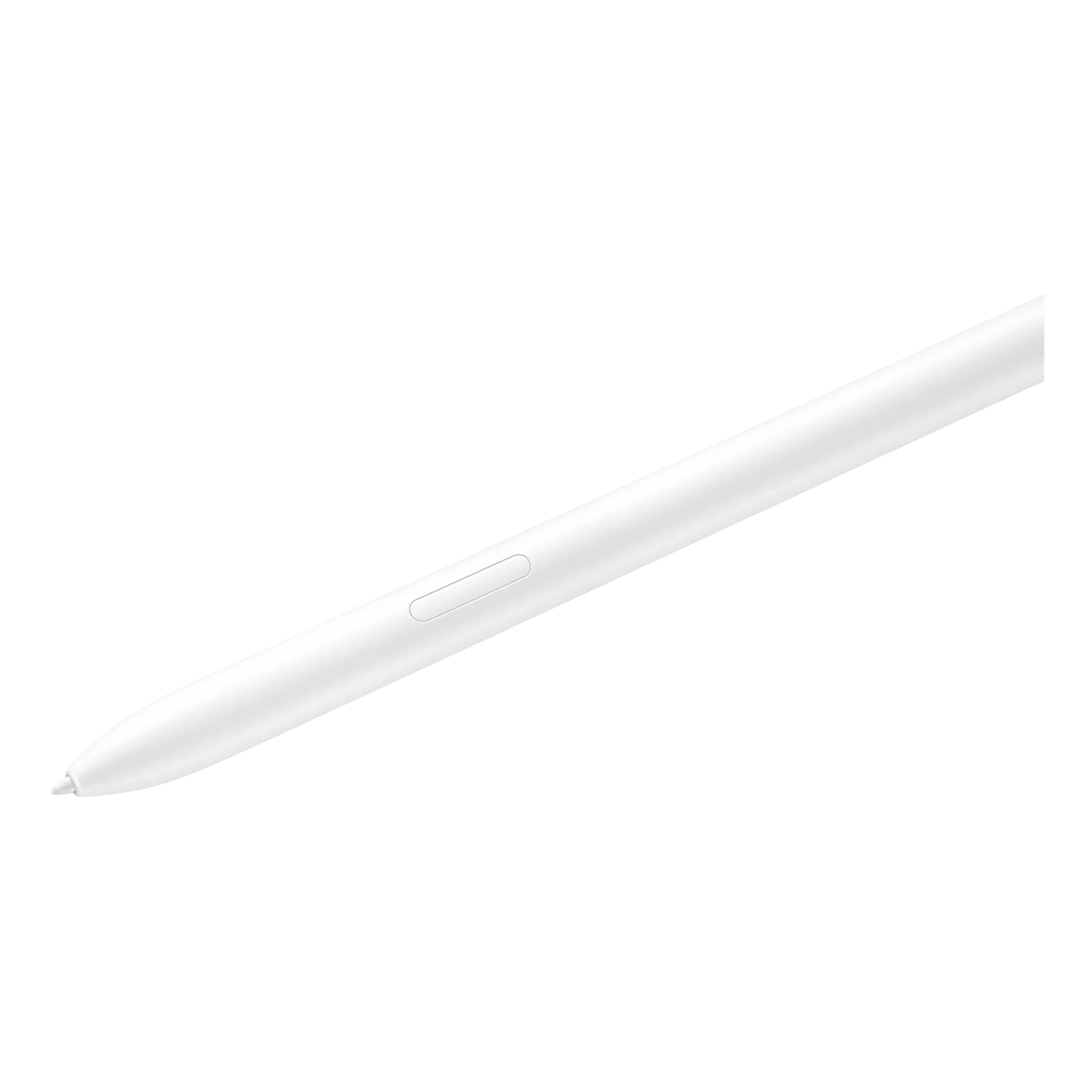 Un bolígrafo blanco, ligeramente angulado, sobre un fondo negro. Tiene un botón y una punta fina.