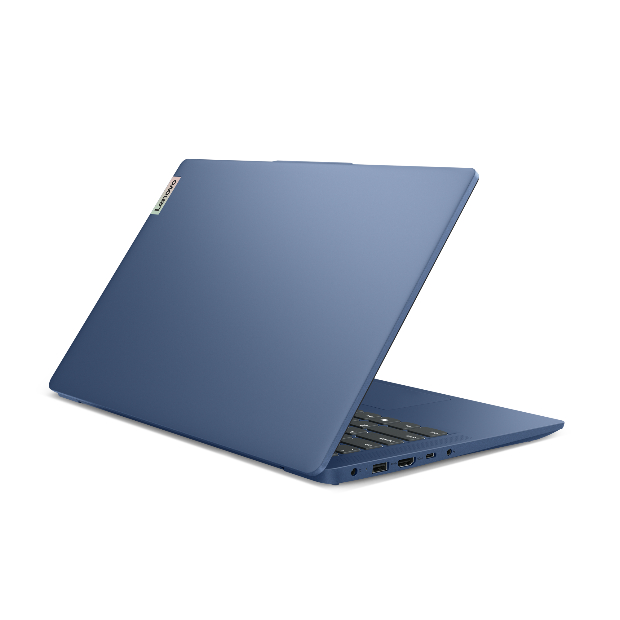 Blauer Lenovo-Laptop auf schwarzem Hintergrund geöffnet. Der Bildschirm ist geneigt und zeigt die Tastatur und Anschlüsse.