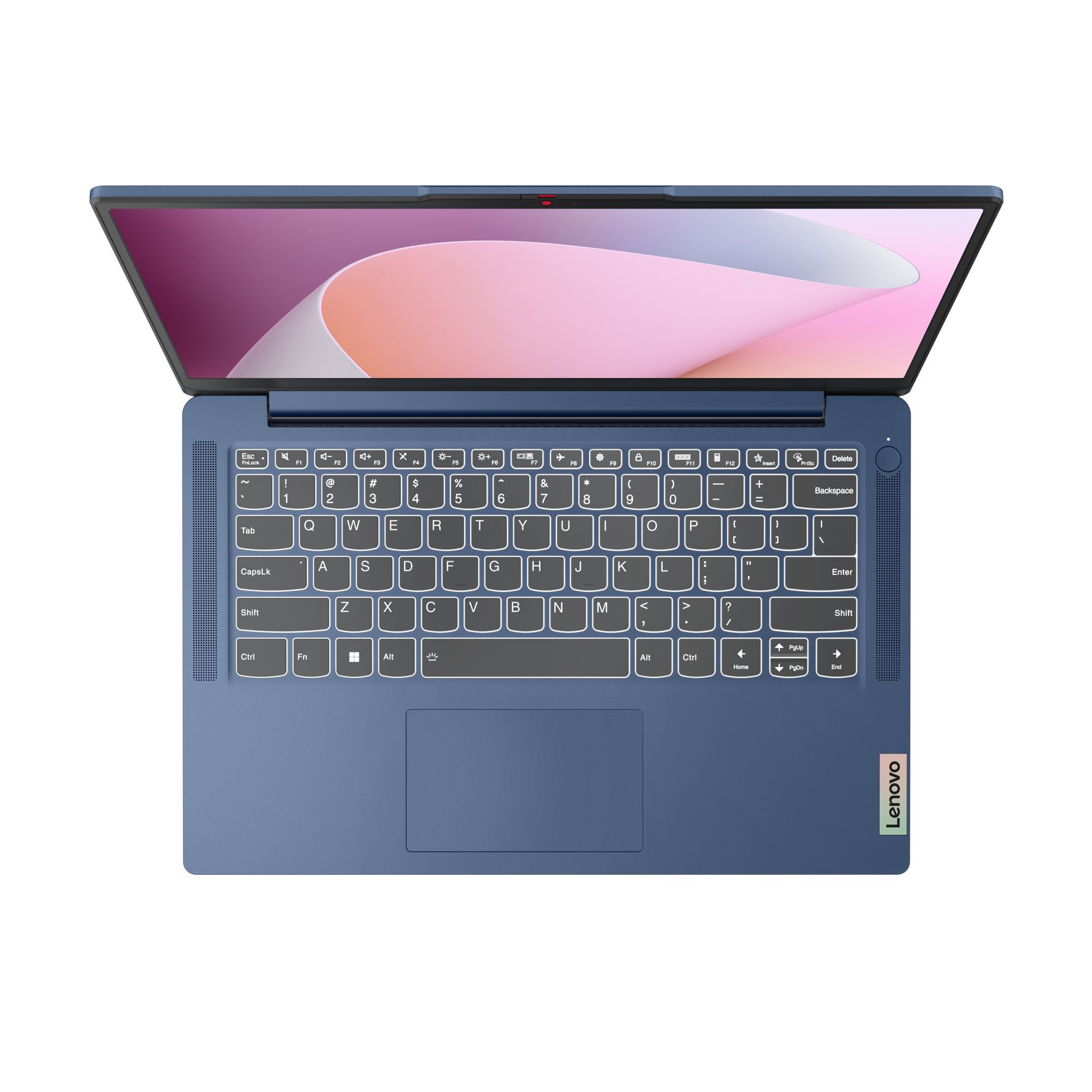 Blauer Lenovo-Laptop, geöffnet, auf schwarzem Hintergrund. Tastatur sichtbar, Bildschirm zeigt rosa und weiße Formen.