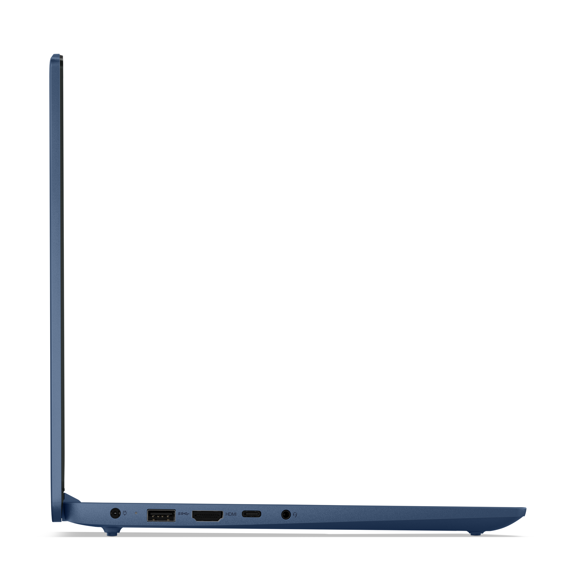 Seitenansicht eines blauen Laptops vor schwarzem Hintergrund. Anschlüsse sind sichtbar.