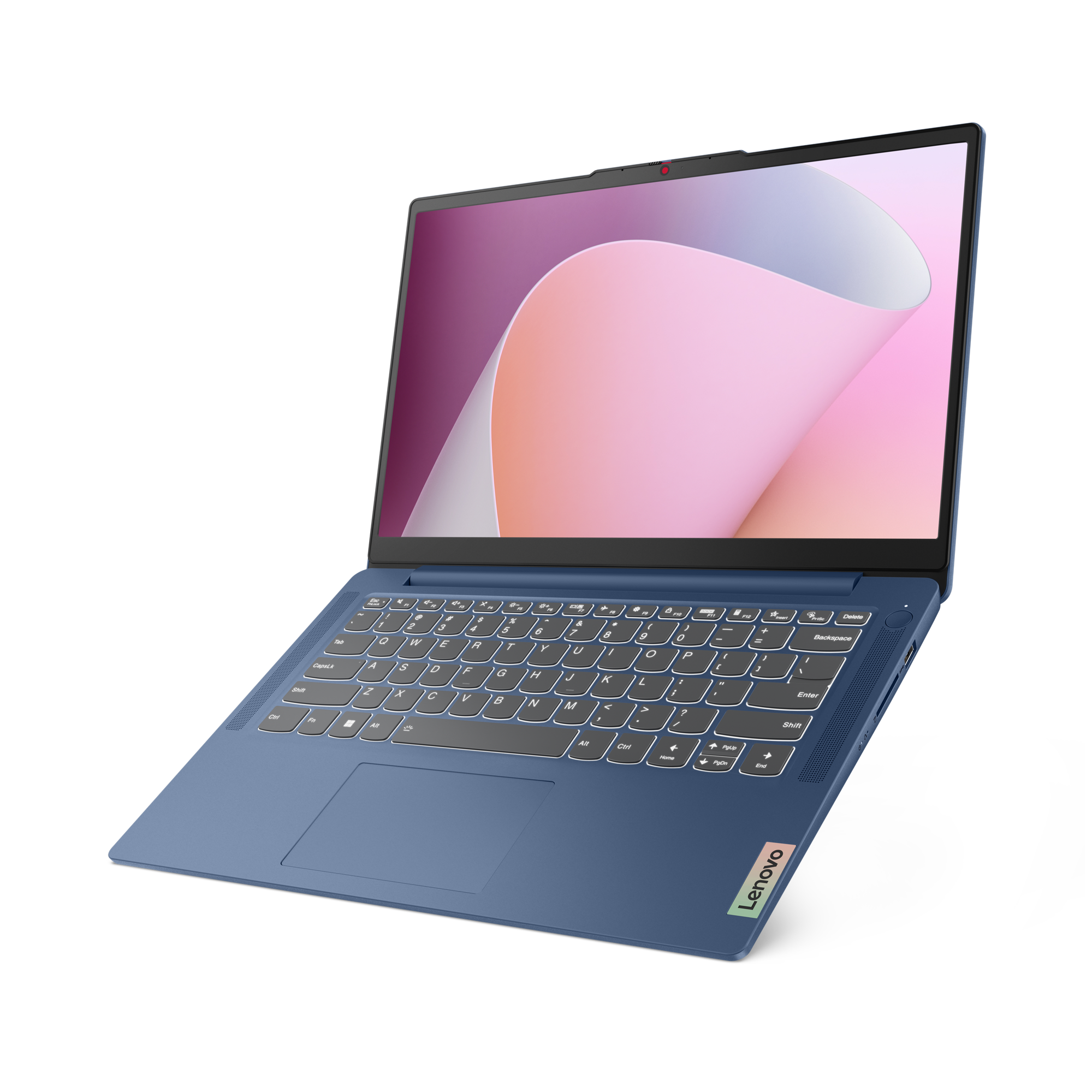Ein blauer Lenovo-Laptop ist auf schwarzem Hintergrund geöffnet. Der Bildschirm zeigt ein abstraktes rosa-weißes Design.