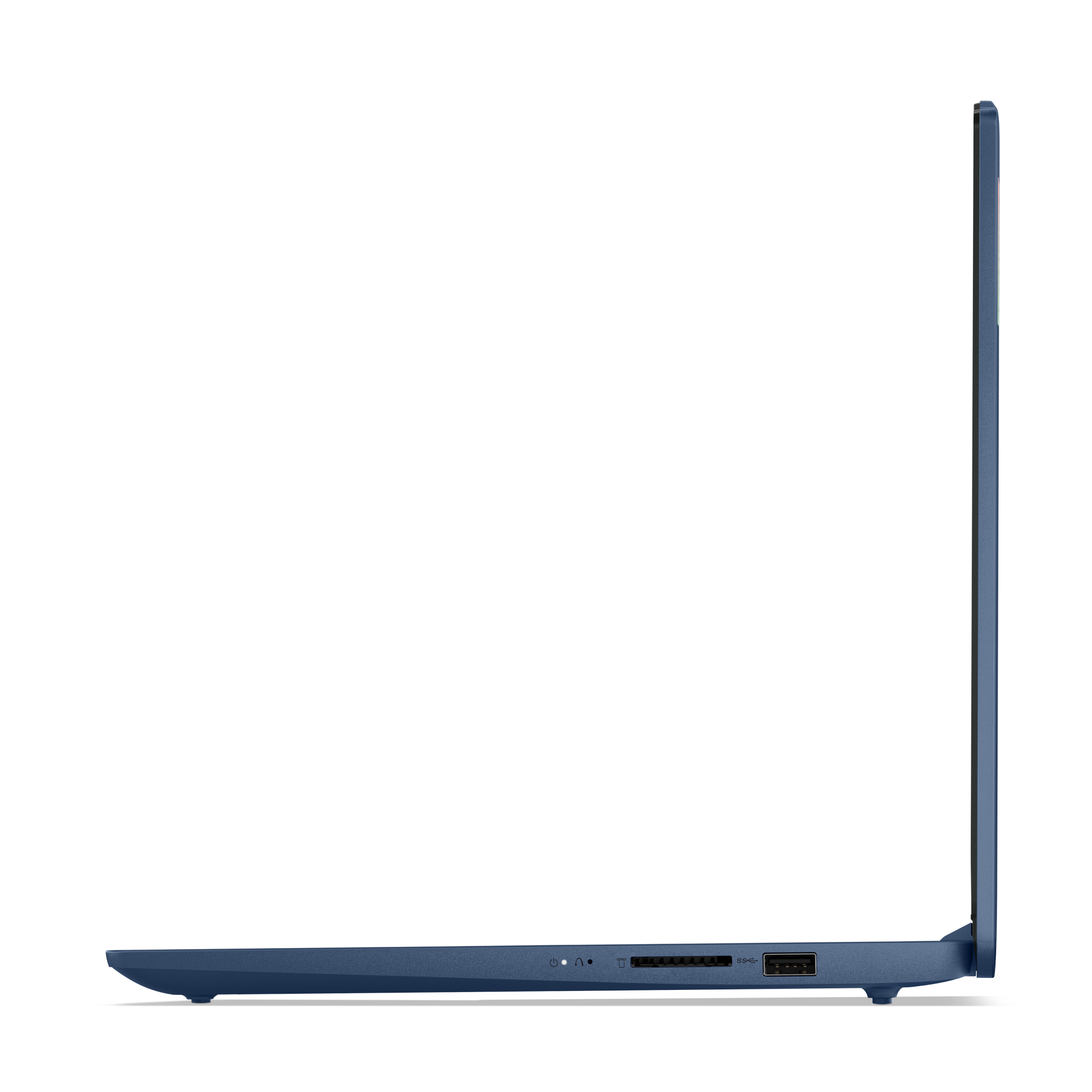 Seitenansicht eines blauen Laptops mit Anschlüssen und schwarzem Hintergrund.