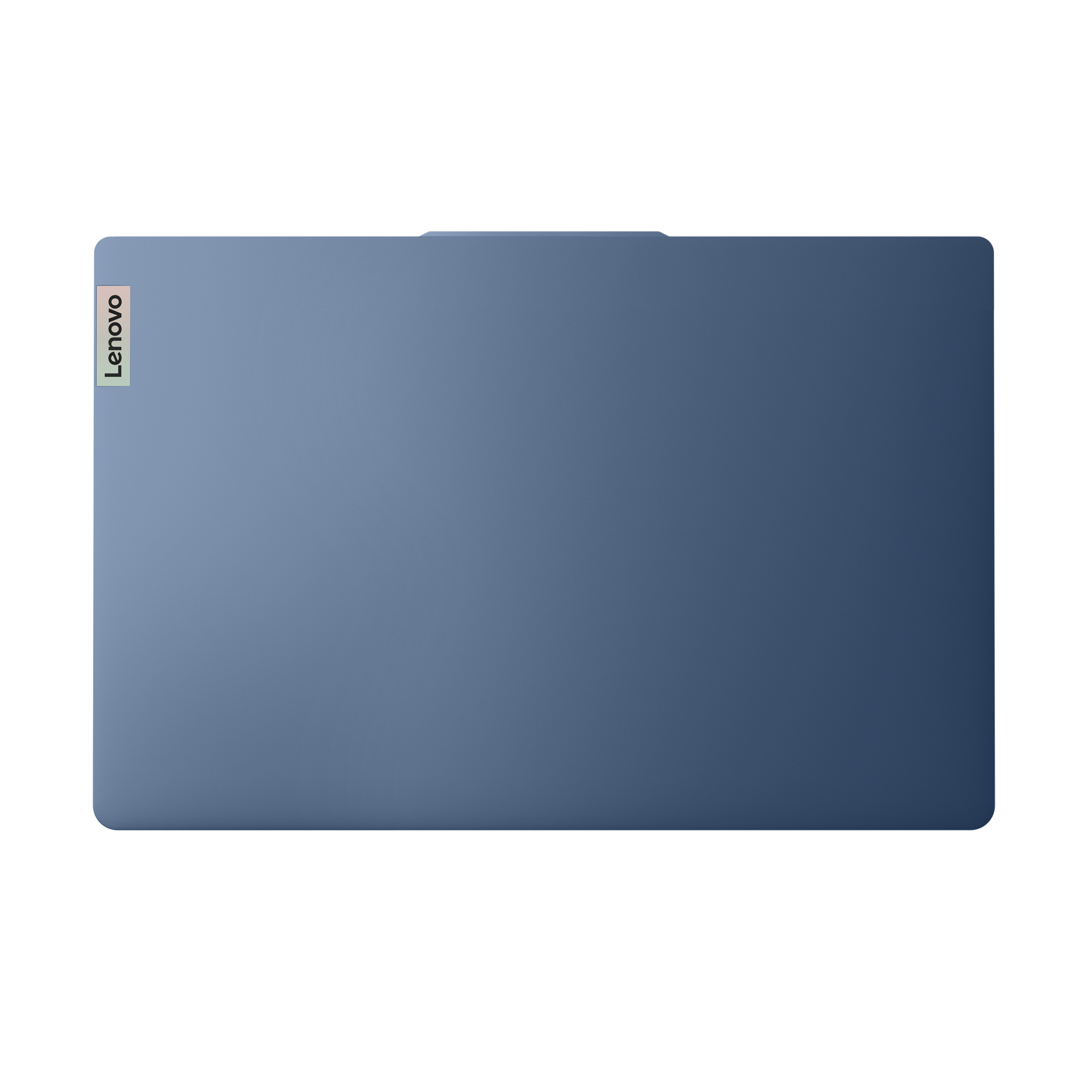 Blauer Lenovo-Laptop auf schwarzem Hintergrund. Lenovo-Logo oben links. Draufsicht.