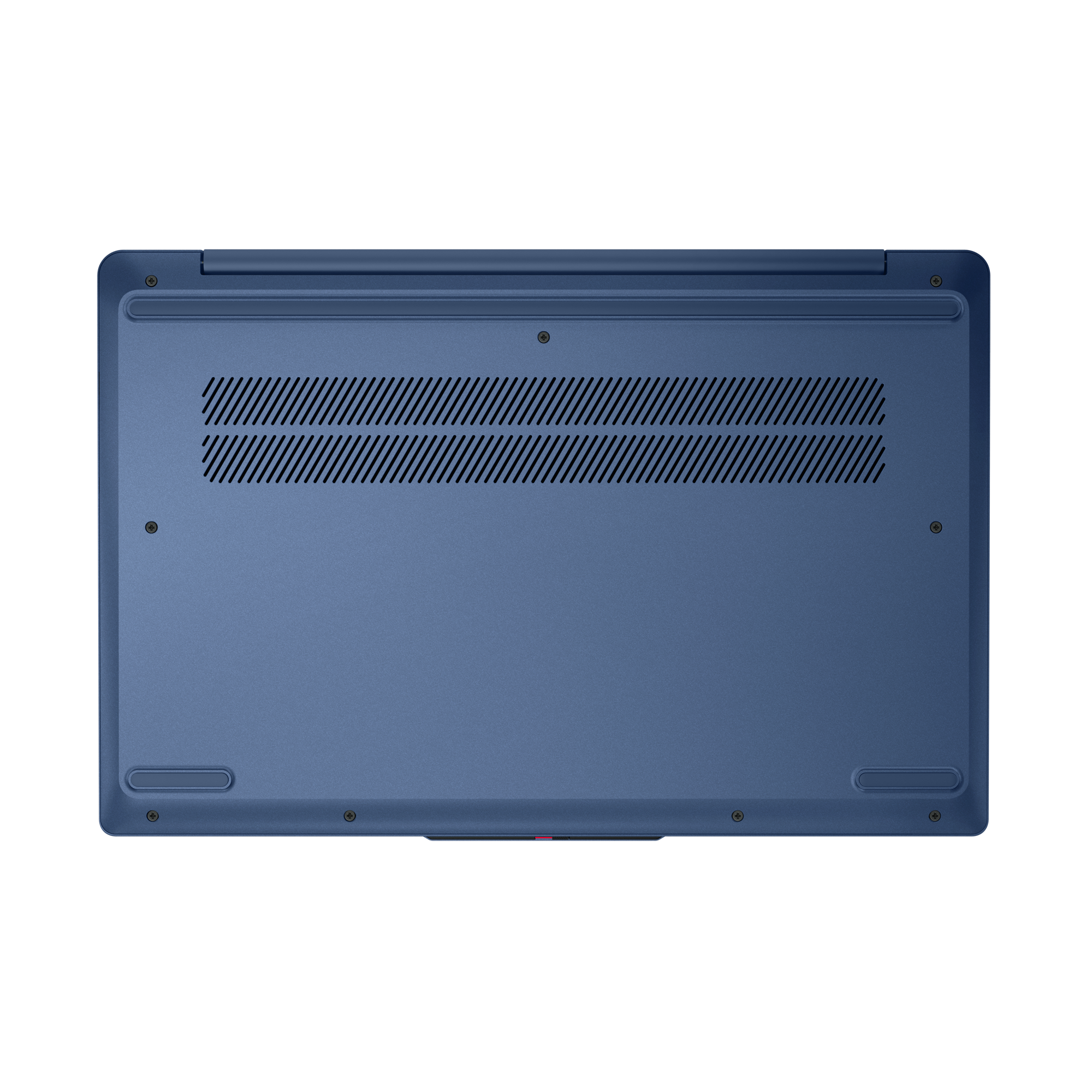 Blaue Laptop-Unterseite. Merkmale: Lüftungsschlitze, Schrauben und Gummifüße. Dunkler Hintergrund.