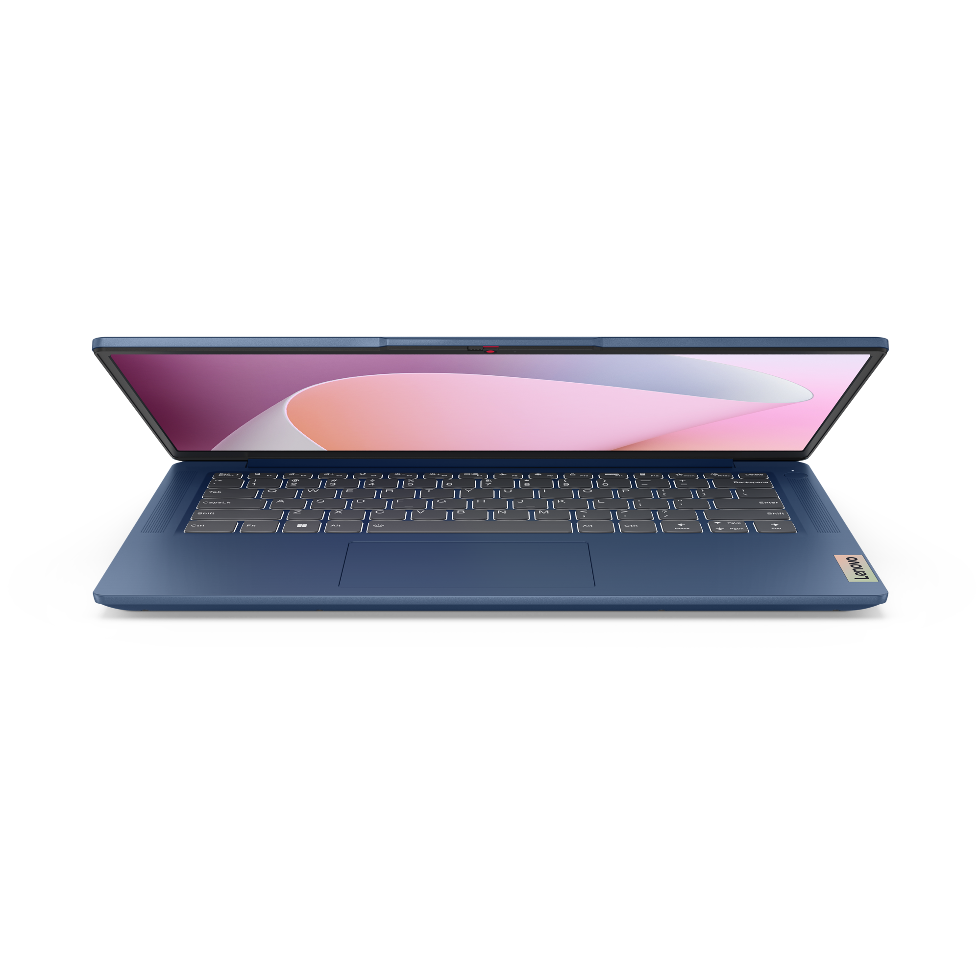 Blauer Lenovo-Laptop ist geöffnet. Der Bildschirm zeigt ein abstraktes Design. Schwarzer Hintergrund.