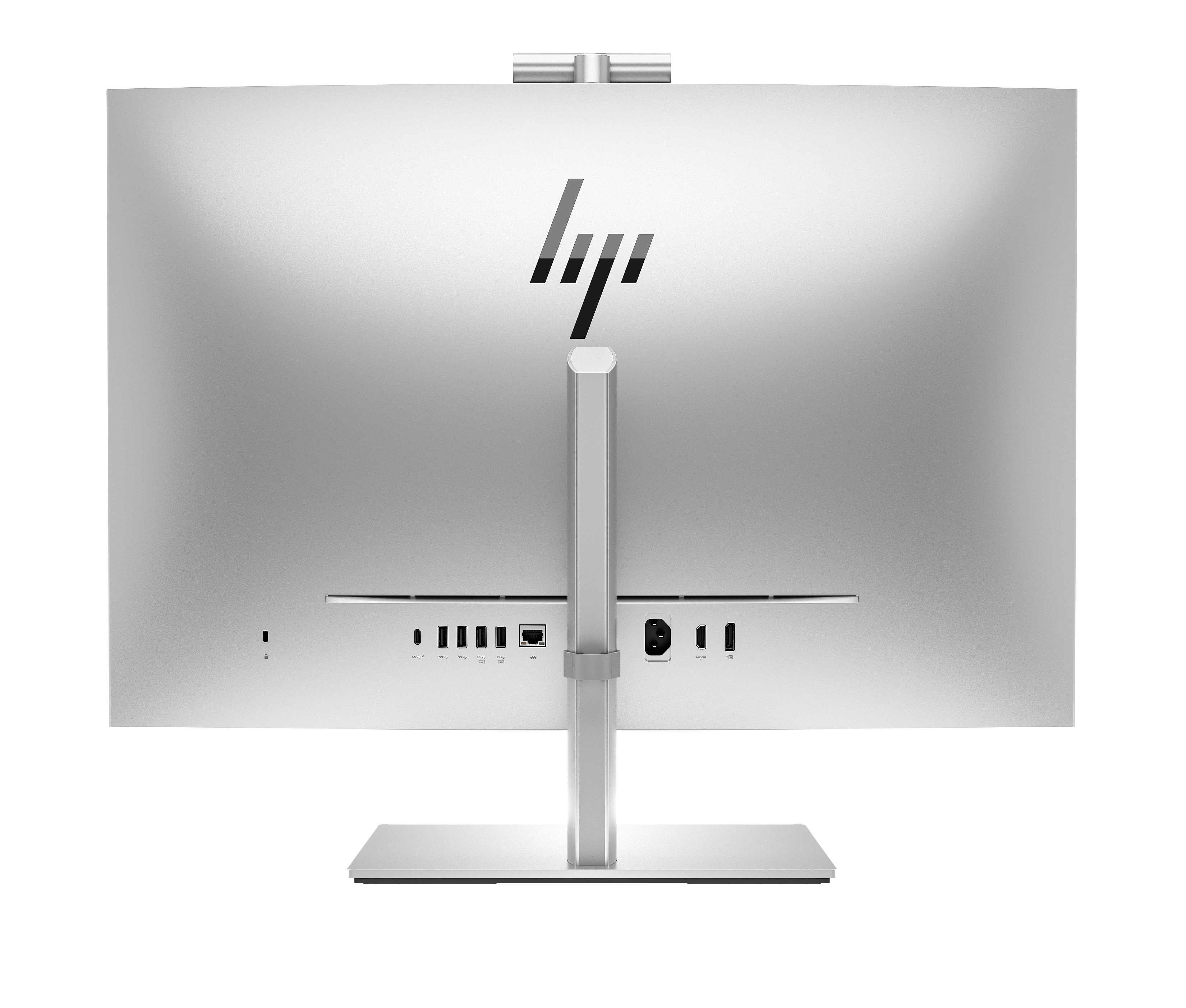 Rückseite eines silbernen HP All-in-One-Computers auf schwarzem Hintergrund, Anschlüsse und HP-Logo sichtbar.