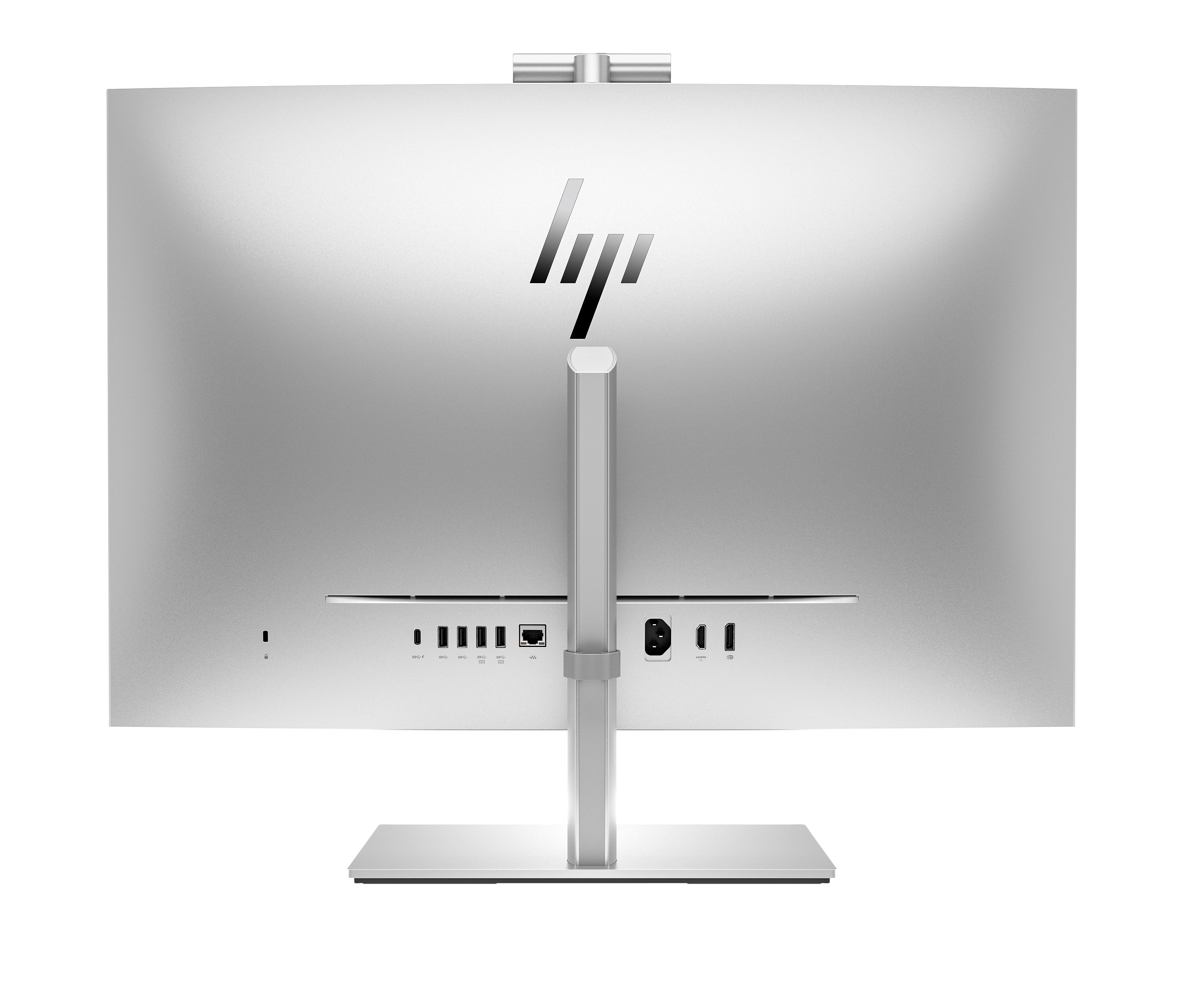 Silberner Computerbildschirm mit schwarzem HP-Logo. Mehrere Anschlüsse und ein Ständer. Schwarzer Hintergrund.