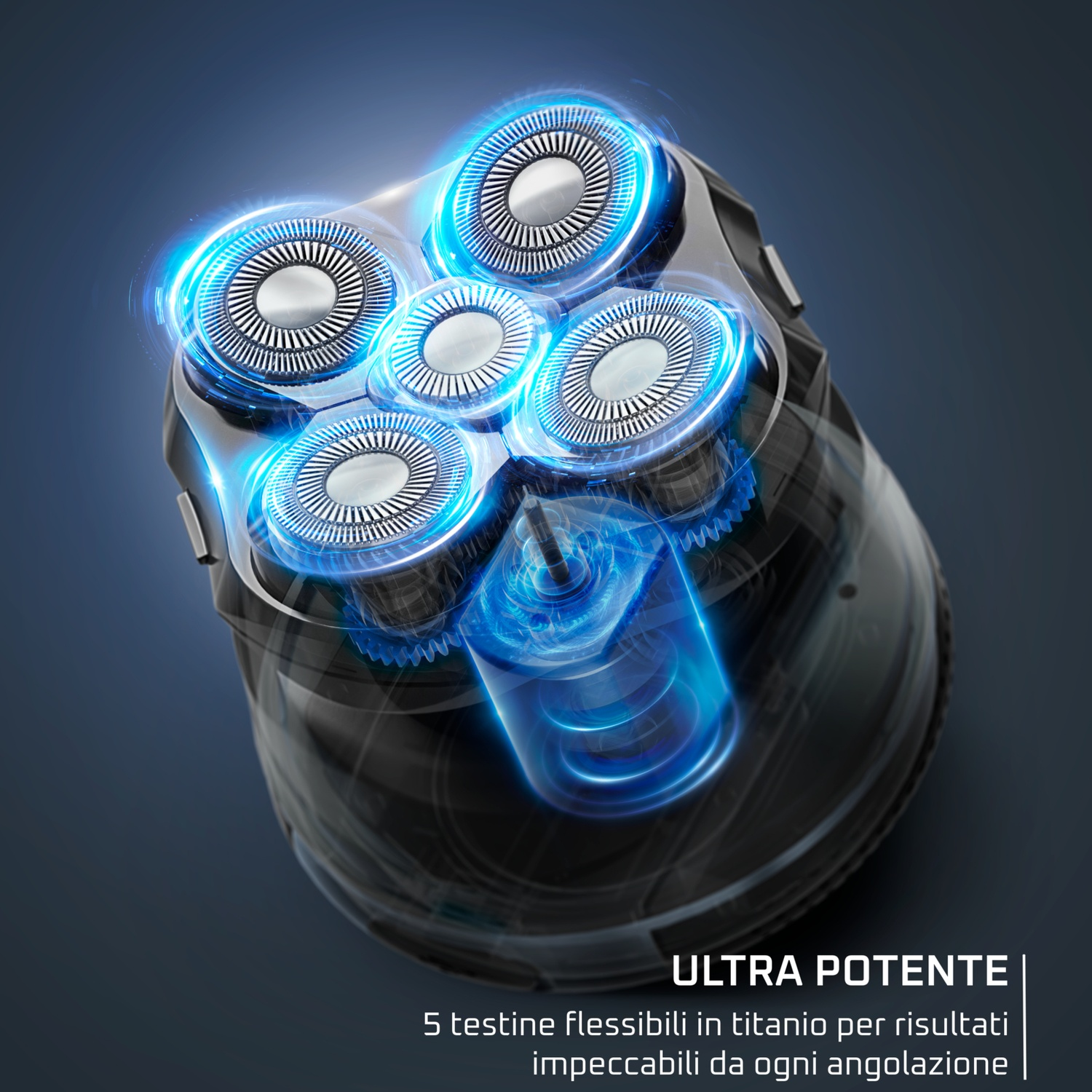 Primo piano di un rasoio elettrico nero e argento con cinque testine circolari, che emettono luce blu su sfondo blu scuro.