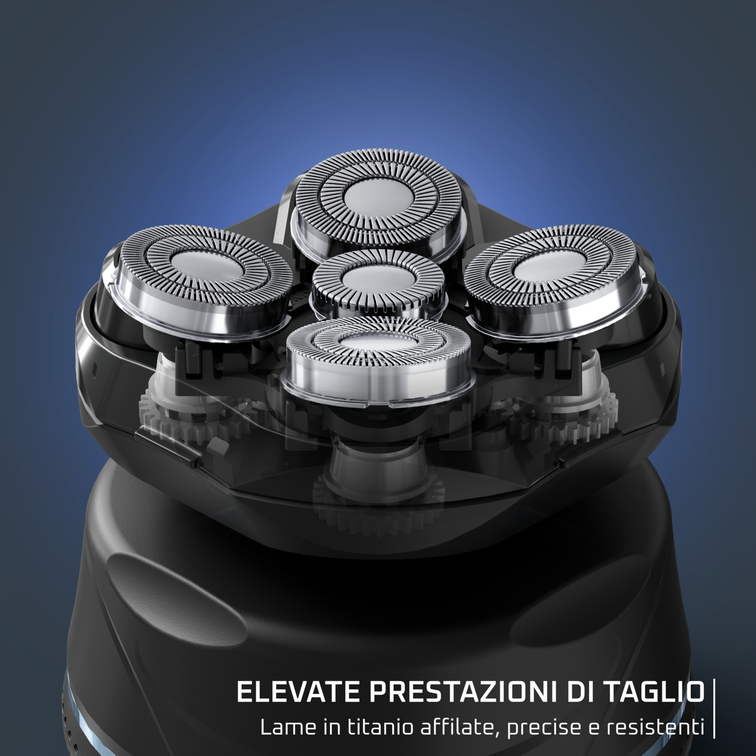 Primo piano di un rasoio elettrico nero con cinque testine argentate su sfondo blu sfumato. Testo: 'Aumenta le prestazioni di taglio'.