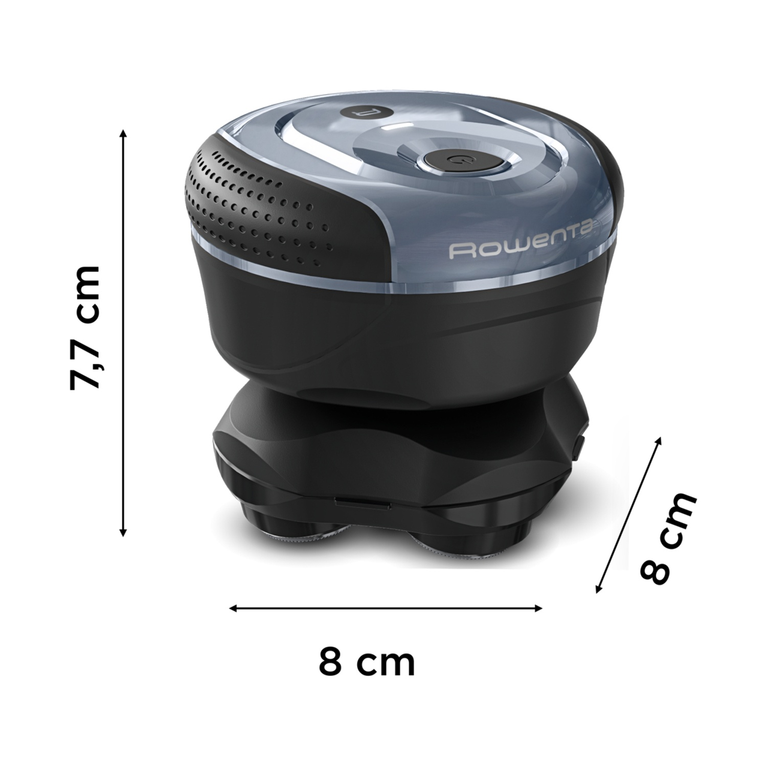 Un dispositivo Rowenta nero e grigio, forse un rasoio, con dimensioni indicate di 8 cm x 8 cm x 7,7 cm, isolato su sfondo bianco.