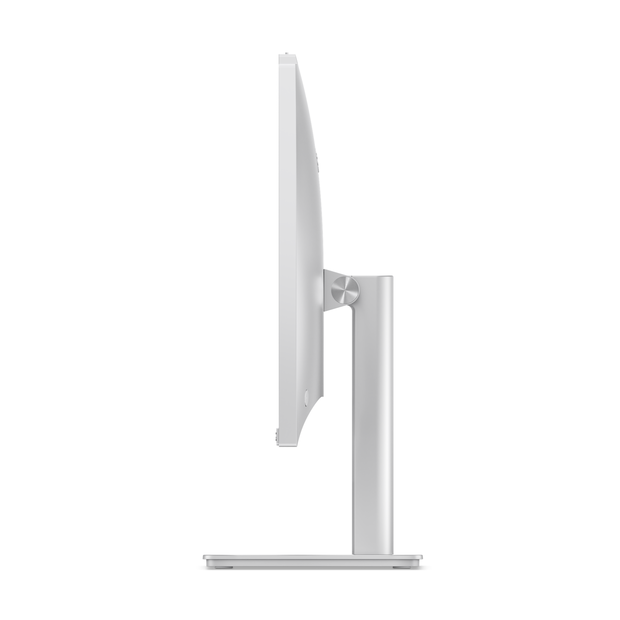 Seitenansicht eines weißen Computermonitors. Er hat einen dünnen Rahmen und einen Ständer. Der Hintergrund ist schwarz.